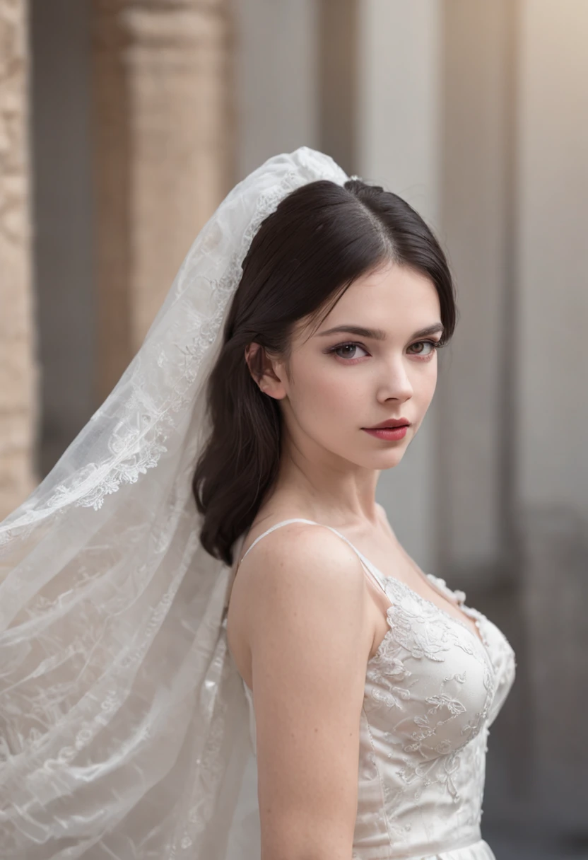 Caricatura detallada, Young white girl with black straight hair and crimson eyes, piel blanca de porcelana, Cuerpo completo, pechos grandes con vestido blanco de gala, alta calidad, High resolution, 8k, Disco duro, (Well-designed body), Amazing body, (Super detailed), Hermosos ojos, ultra detallado, ultraealista
