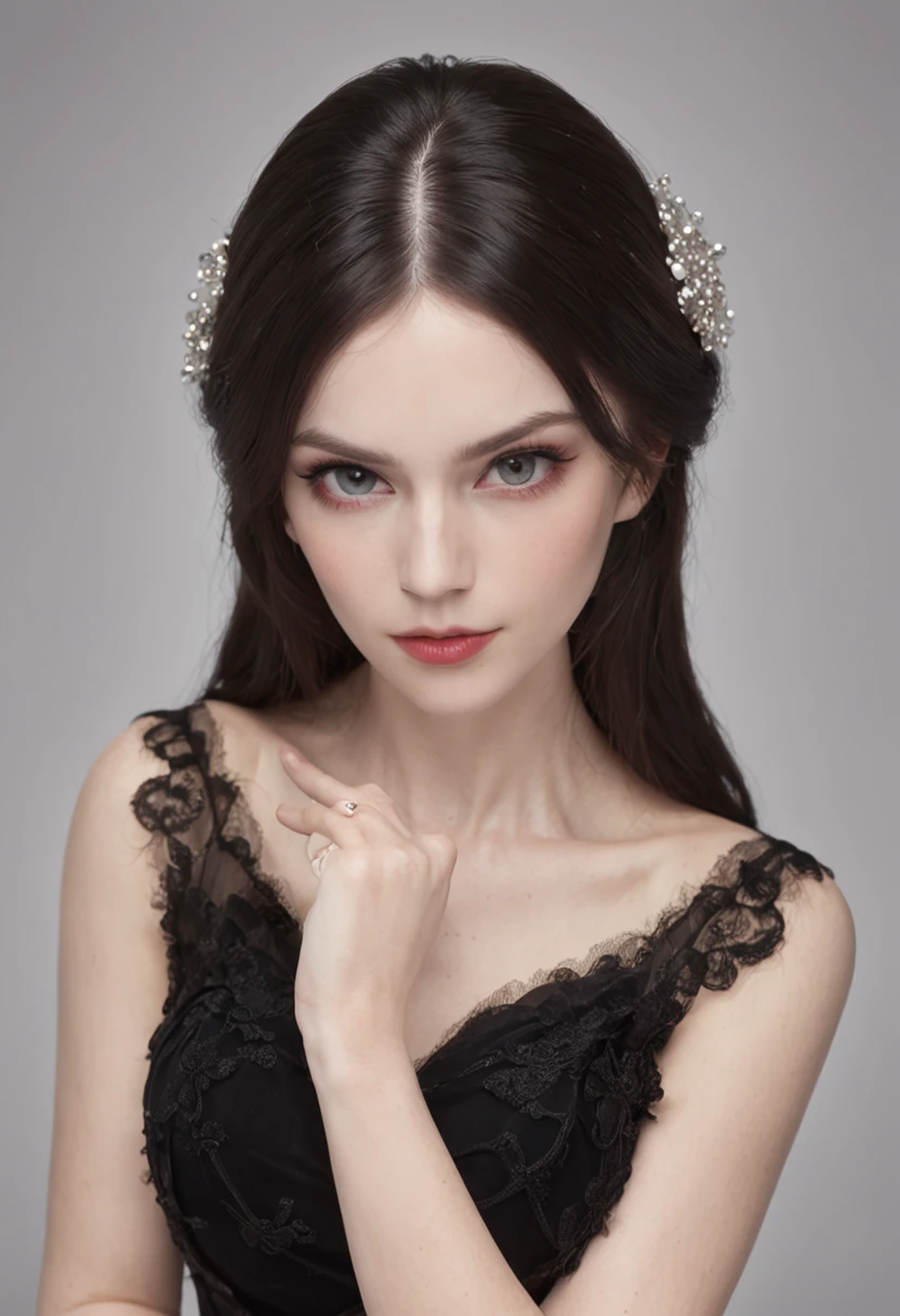 Caricatura detallada, Young white girl with black straight hair and crimson eyes, piel blanca de porcelana, Cuerpo completo, pechos grandes con vestido blanco de gala, alta calidad, High resolution, 8k, Disco duro, (Well-designed body), Amazing body, (Super detailed), Hermosos ojos, ultra detallado, ultraealista
