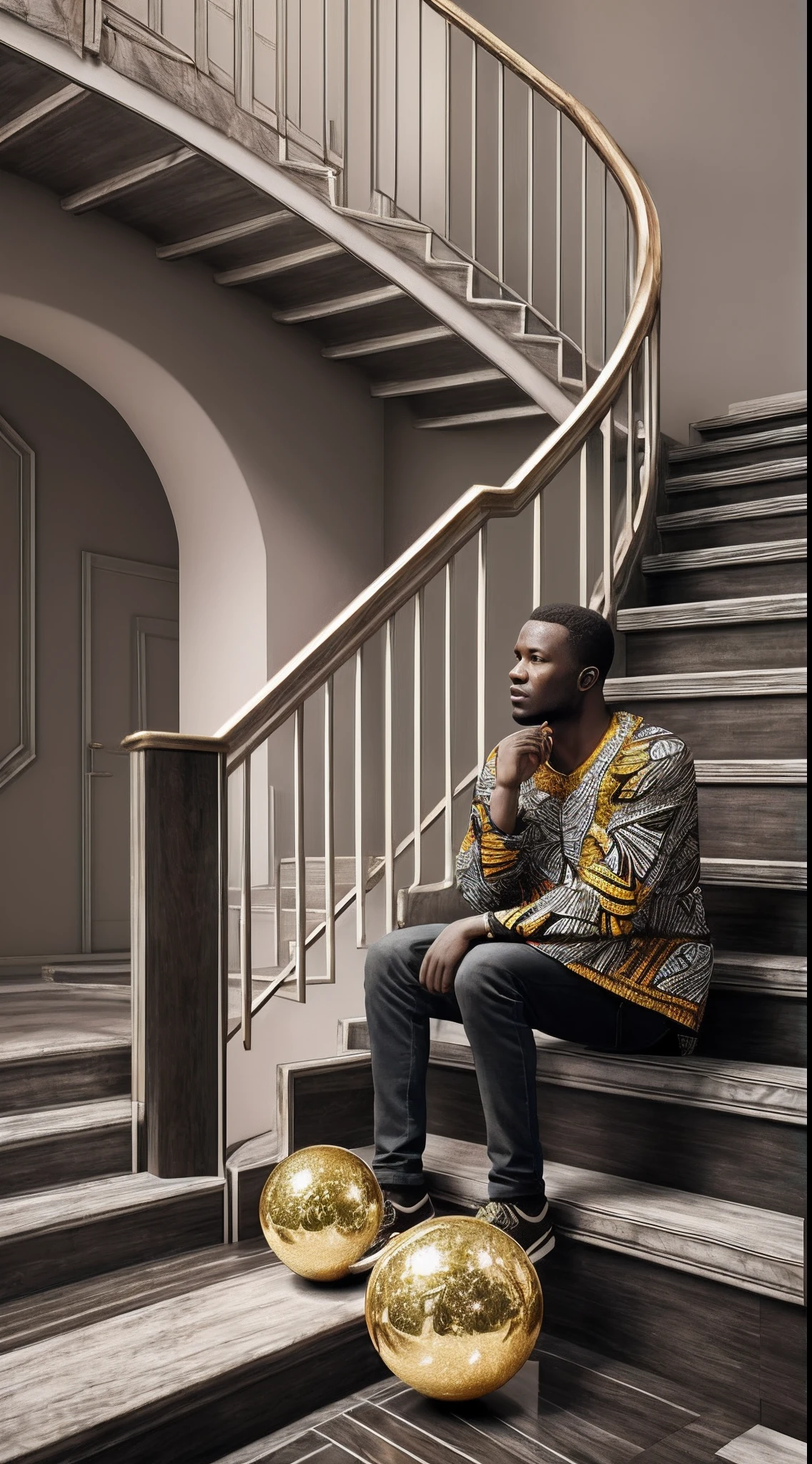 An African man dressed in African clothes sitting on a yellow sphere in a black and white room, black and white room full of abstract shapes and stairs, with iridescent light, highly detailed images, vibrant beautiful colours, photorealistic image, 8k, ultra HD, unreal engine rendered, cinematic lighting, artgerm style --auto --s2