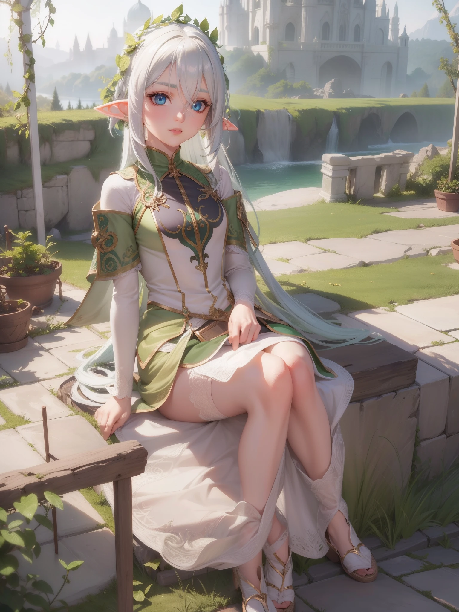 Beautiful elf with white hair and green locks with the best quality best effects best shadows best lighting 8k ultra HD super realistic