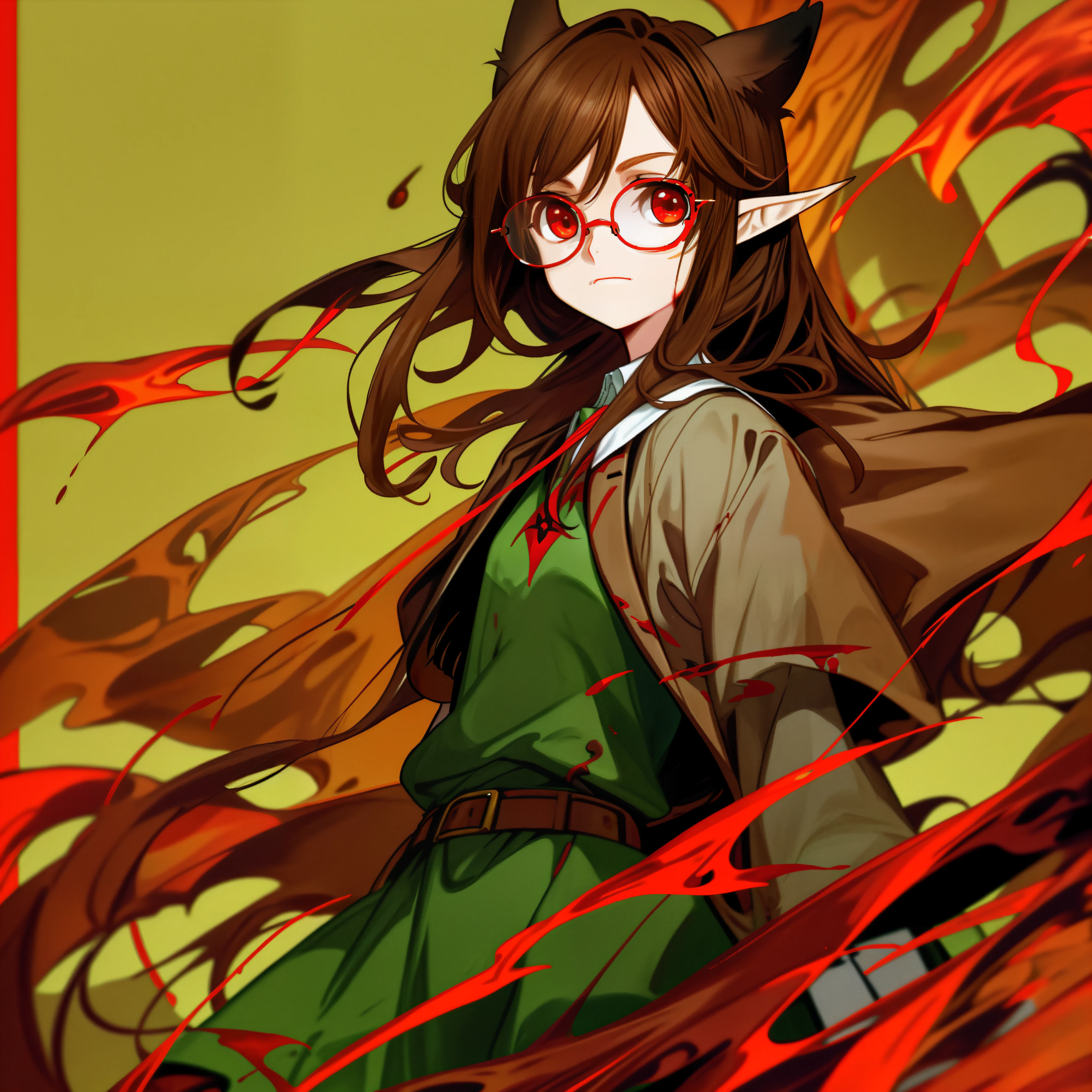 Brown hair long,With square-rimmed glasses,teens girl,Engineer clothing,elvish ears,Blood-red eyes