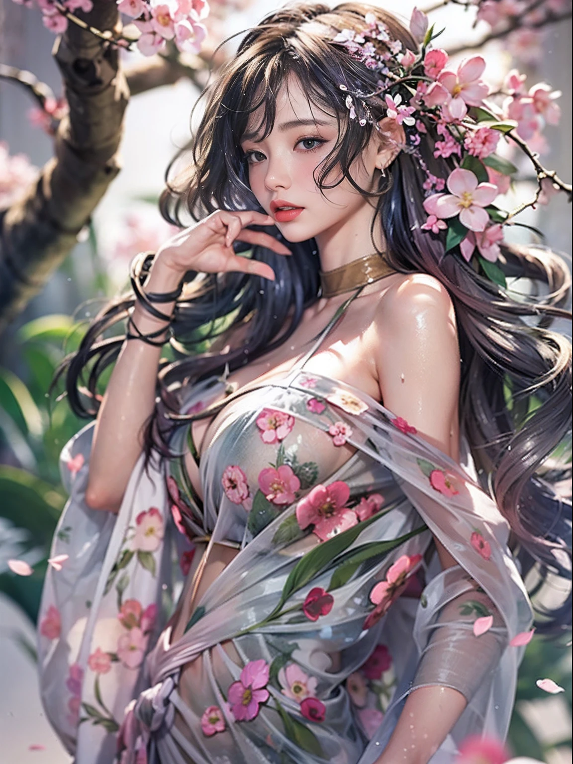 loose outfit、Show shoulders、Navel Ejection、How to wear a gown with a dark see-through halter neck broken、Decorated with intricate patterns and pastel colors、Transparent material that makes the skin shine、Artistic depiction of seductive woman in gown with wet thin cloth and transparent skin, Floral and fantastic pattern with flowing silky traditional see-through skin。Her dress draped elegantly around her curvaceous figure、Emphasizes her charming silhouette。She's a gentle fireworks night、Dynamic Posing、Sexy Posing、bathed in the soft glow of moonlight。The scene is、With a hint of mystery and sensuality、It exudes an ethereal dreamy atmosphere。The image style is、Incorporates a blend of watercolor and digital illustration techniques.、It makes you feel delicate beauty and charm。Soft moonlit lighting、Cast gentle highlights and shadows on her mesmerizing features。Dynamic Posing、Bold poses、The hand is somewhere、see -through、show through、A sexy、Wet hair、Wet、cherry trees、flower petals、cherryblossom、The cherry tree、Sakura blizzard、buried、Transparent skin、Wet clothes、Chest Pulling、Translucent clothes、Eau、nudde、garterbelts、fishnet tights、huge moon、Upper body photography、masutepiece