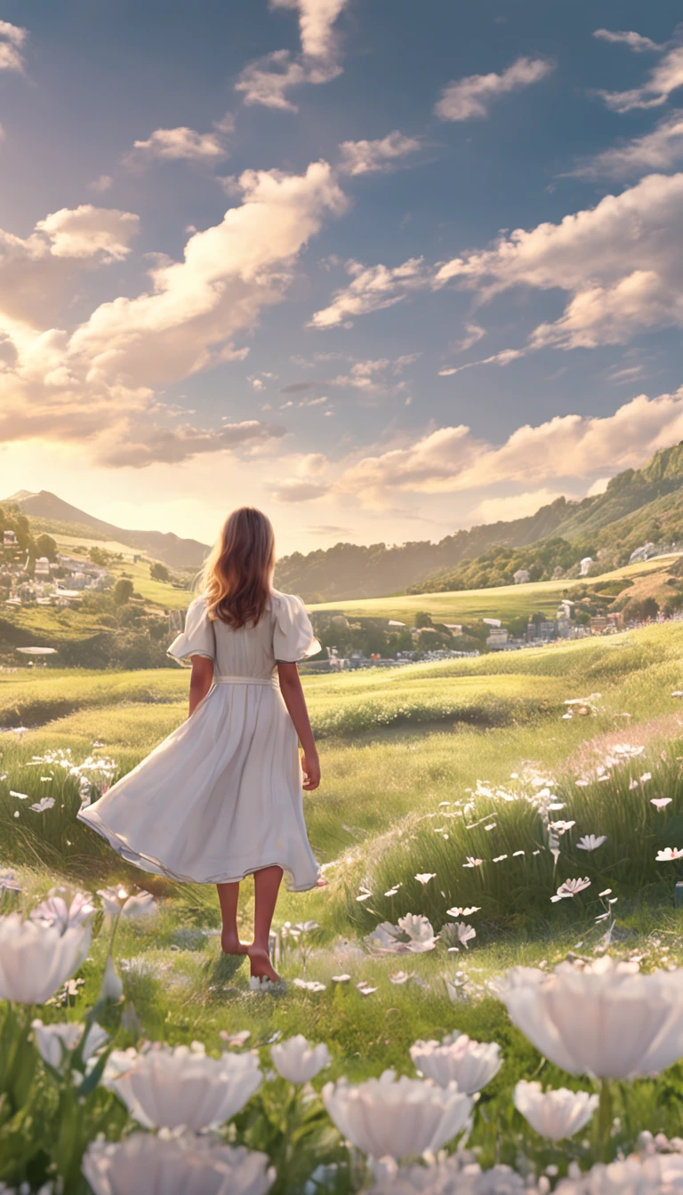 20 years girl,White skirt,Circle in the meadows by the river,summer day,the setting sun,illustratio,Gibley style