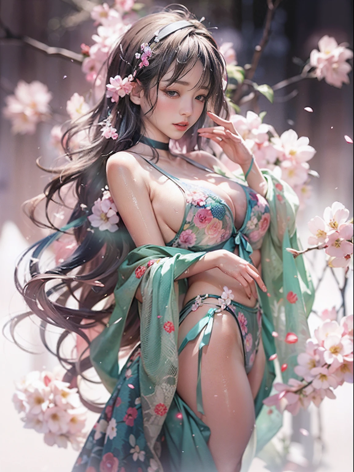 loose outfit、Show shoulders、Navel Ejection、How to wear a gown with a dark see-through halter neck broken、Decorated with intricate patterns and pastel colors、Transparent material that makes the skin shine、Artistic depiction of seductive woman in gown with wet thin cloth and transparent skin, Floral and fantastic pattern with flowing silky traditional see-through skin。Her dress draped elegantly around her curvaceous figure、Emphasizes her charming silhouette。She's a gentle fireworks night、Dynamic Posing、Sexy Posing、bathed in the soft glow of moonlight。The scene is、With a hint of mystery and sensuality、It exudes an ethereal dreamy atmosphere。The image style is、Incorporates a blend of watercolor and digital illustration techniques.、It makes you feel delicate beauty and charm。Soft moonlit lighting、Cast gentle highlights and shadows on her mesmerizing features。Dynamic Posing、Bold poses、The hand is somewhere、see -through、show through、A sexy、Wet hair、Wet、cherry trees、flower petals、cherryblossom、The cherry tree、Sakura blizzard、buried、Transparent skin、Wet clothes、Chest Pulling、Translucent clothes、Eau、nudde、garterbelts、fishnet tights、huge moon、Upper body photography、masutepiece