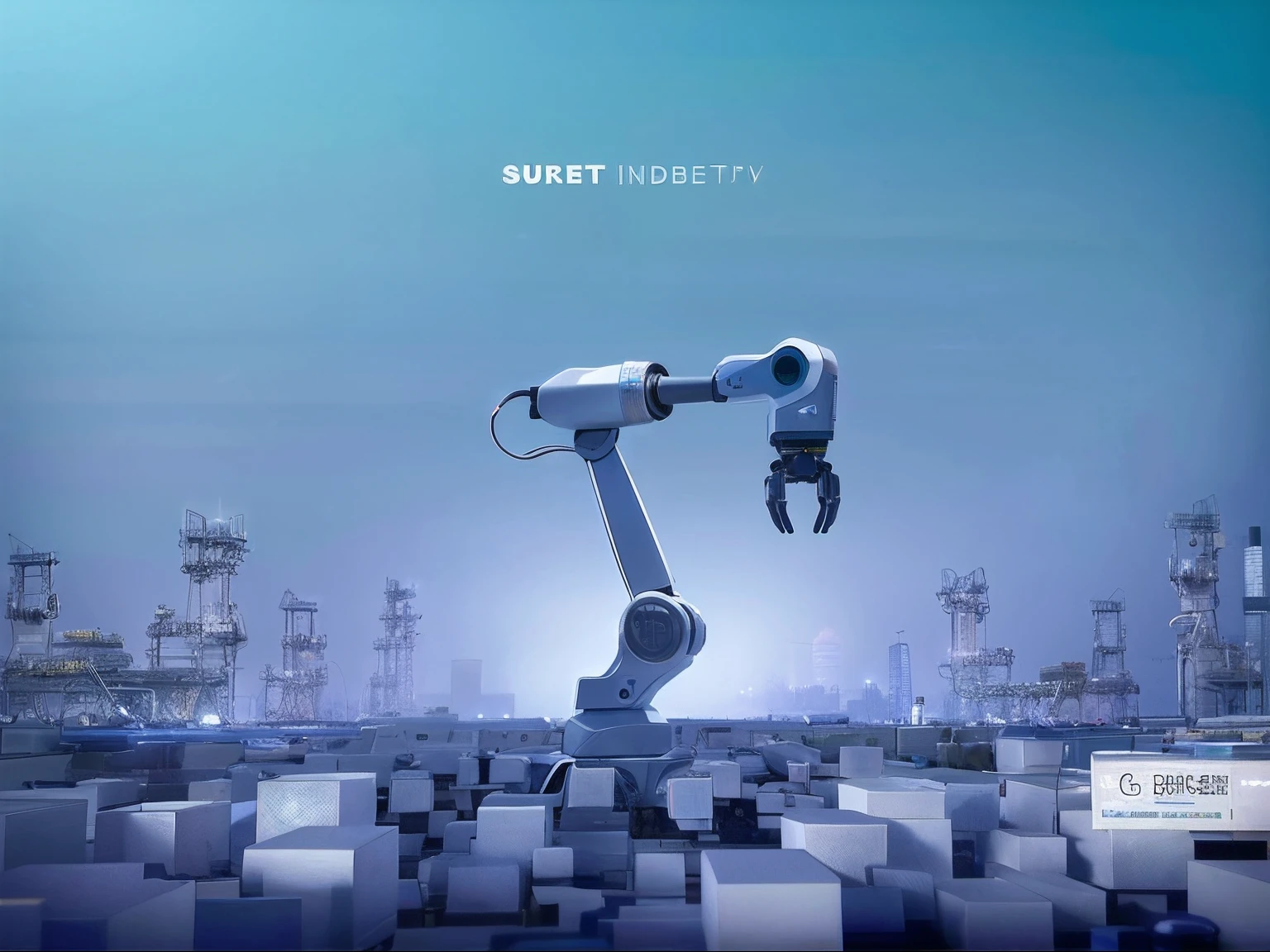 Close-up of a robot standing in many boxes, There are many factories in the background,industrial robot, industrial robot, industry, realistic robotic machinery, machine arm, industries, Factory background, with robotic arms, robot machinery, robot in construction, robot machinery, industrial photography, machine arm, robot factory, Robotic arm, automation, machine arm, industrial background, industrial design concept, extended robotic arms