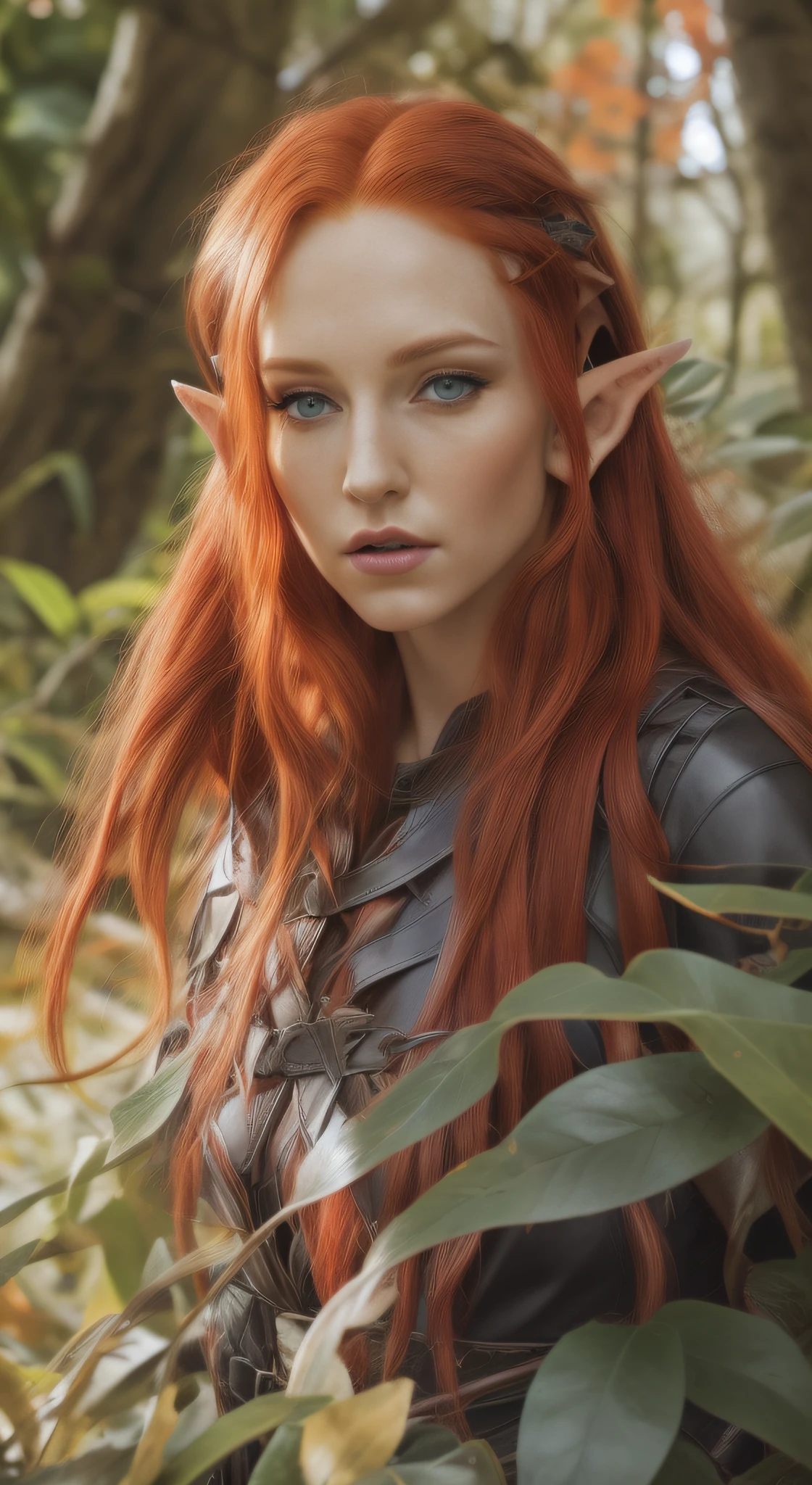 A woman with red hair and a leather outfit in the woods - SeaArt AI