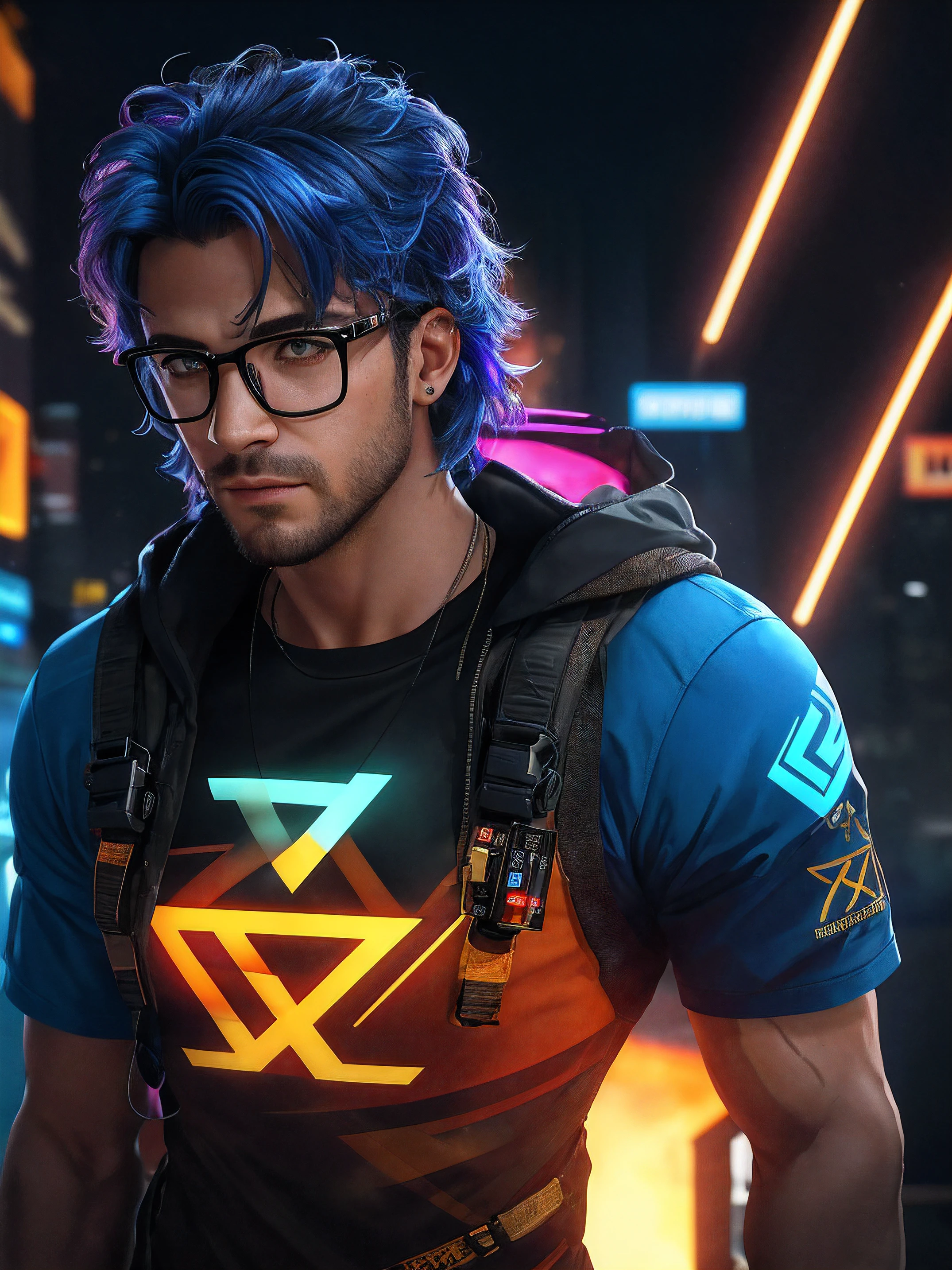 Corida photo of a man with glasses and a T-shirt, retrato Corido, cor neon sangrar, hero pose Corida city lighting, foto de retrato, pingando em tinta neon, filtros e efeitos badass, Retrato VFX altamente detalhado, cyberpunk cores vibrantes, saturado Corido, gotejamento com cor, Cor ( sony um 7 r iv, Corido octanage vivid render, Corida octane rendering, Color Explosion