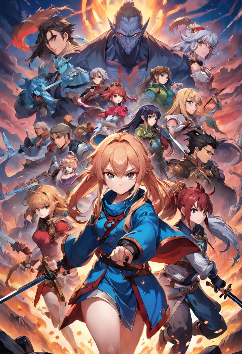 Masterpiece, High quality, Best quality, High detail, Perfect draw, Photos taken from video games，Shows a group of women and men with swords, Official artwork, Detailed cover artwork, key art, promo art, Album art, front cover of a new video game, Enhanced, offcial art, An anime cover, board game cover art, promotional art, Box art, album covers, The cover of the game, battle chasers, Official anime artwork, album covers, High quality face, high quality hand, By mammals_Style, outstanding, Perfect gestures, high-detailed hands
