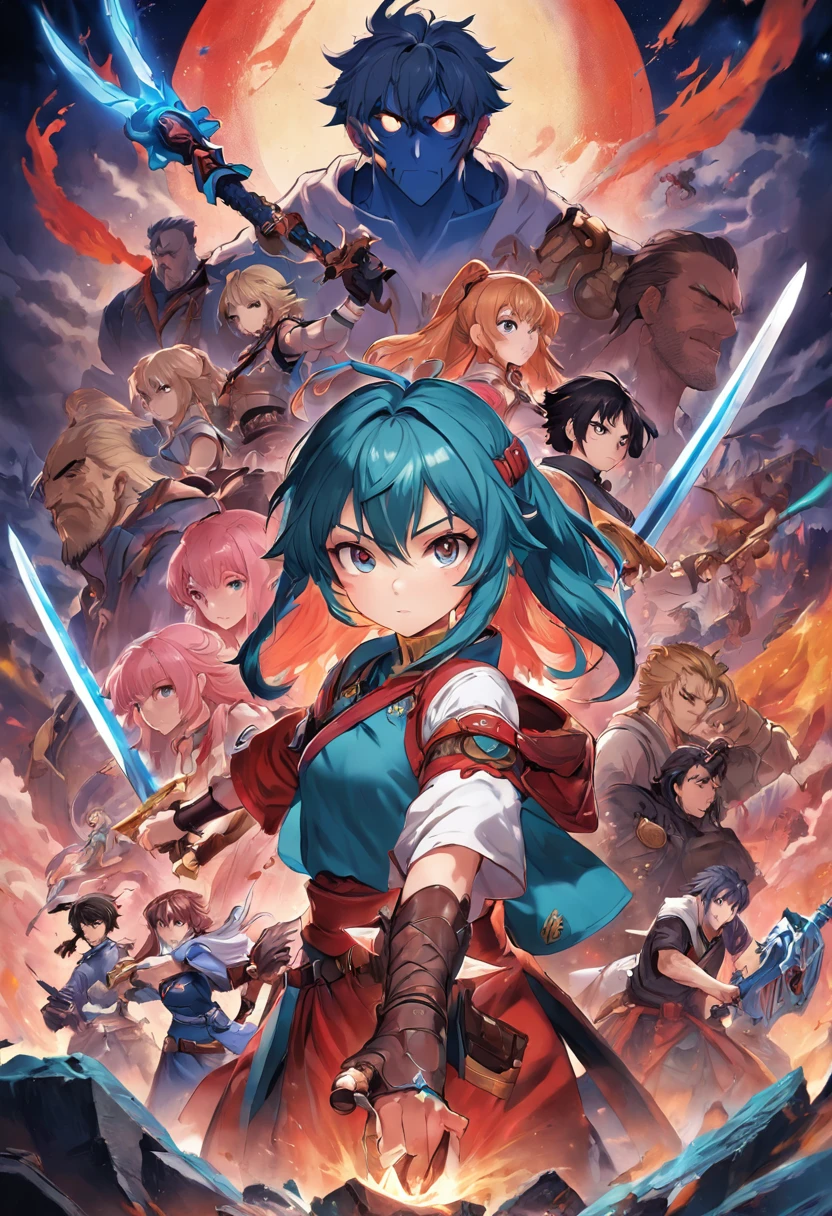 Masterpiece, High quality, Best quality, High detail, Perfect draw, Photos taken from video games,Shows a group of women and men with swords, Official artwork, Detailed cover artwork, key art, promo art, Album art, front cover of a new video game, Enhanced, offcial art, An anime cover, board game cover art, promotional art, Box art, album covers, The cover of the game, battle chasers, Official anime artwork, album covers, High quality face, high quality hand, By mammals_Style, outstanding, Perfect gestures, high-detailed hands