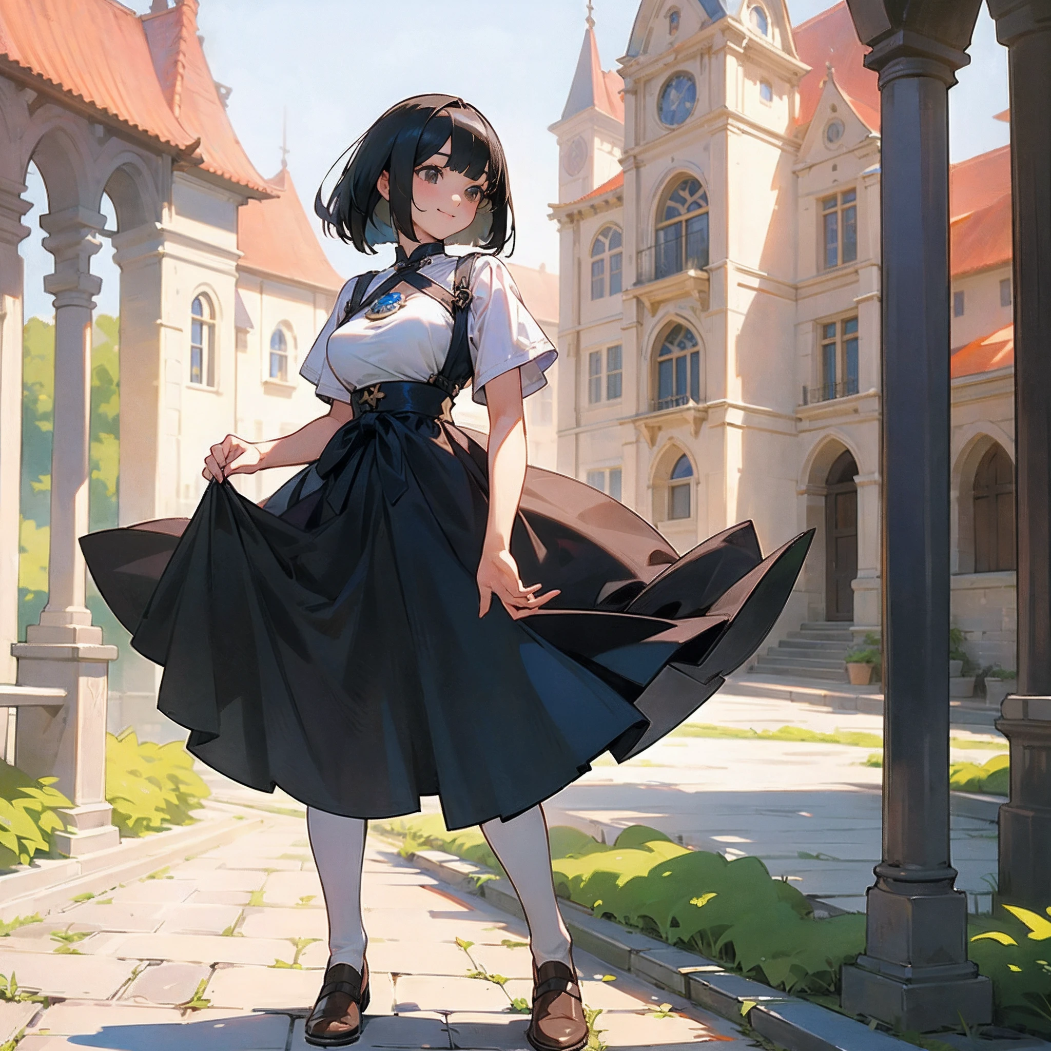 With the best image quality、Teenage girl standing alone outdoors。In high resolution、Beautiful fine details、tranquil atmosphere。((Black Hair Bob Hair))、Cute smile。(((breasts are large)))、I don't have anything in my hands、realistic hand、Medieval European national costume with short sleeves、Medieval European Streets、Leather shoes。