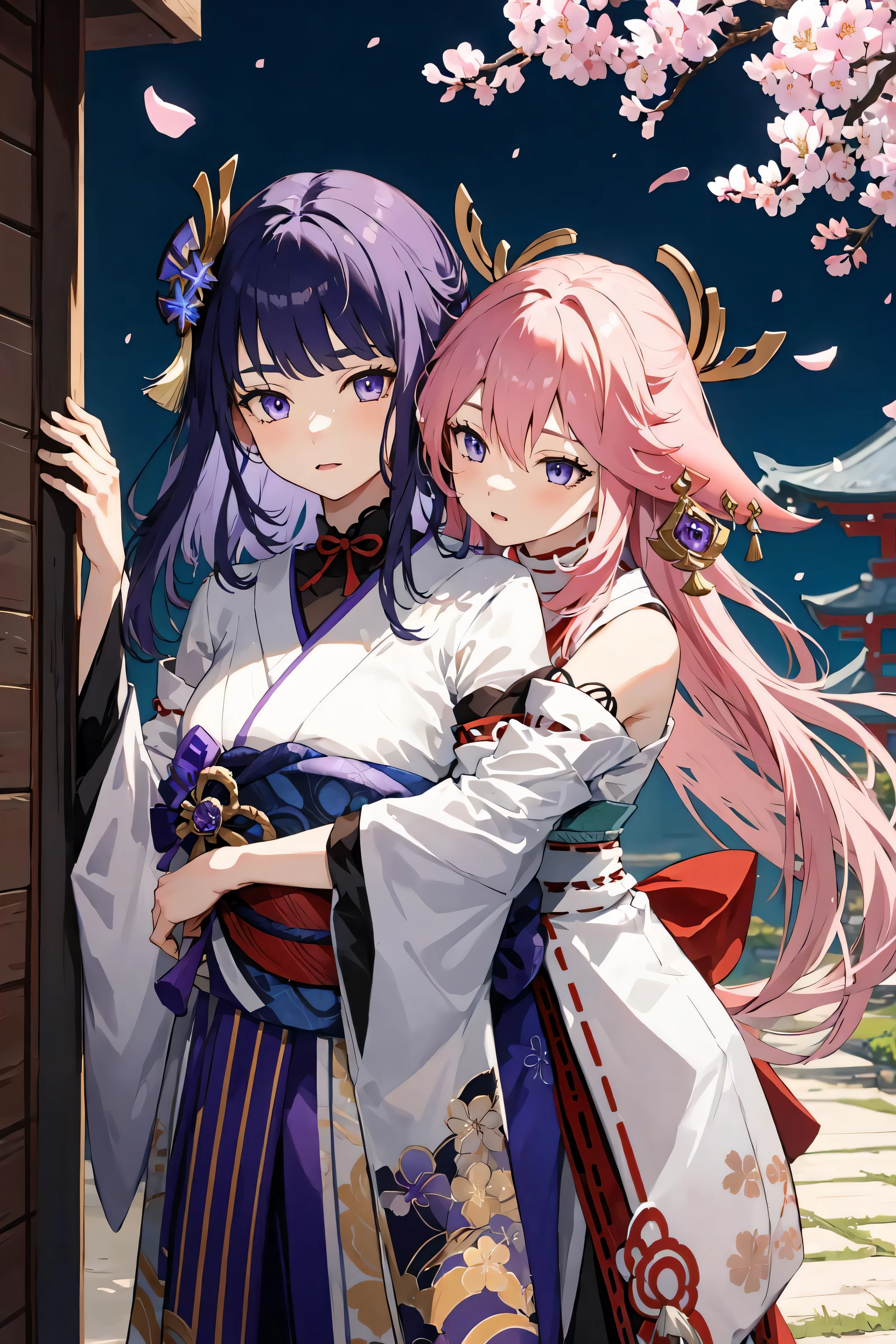 AND (2girls), raidenshogundef, cherry blossoms, japanese temple, hug from behind, against wall, 
AND (2girls), yaemikodef, cherry blossoms, japanese temple, hug from behind, against wall,