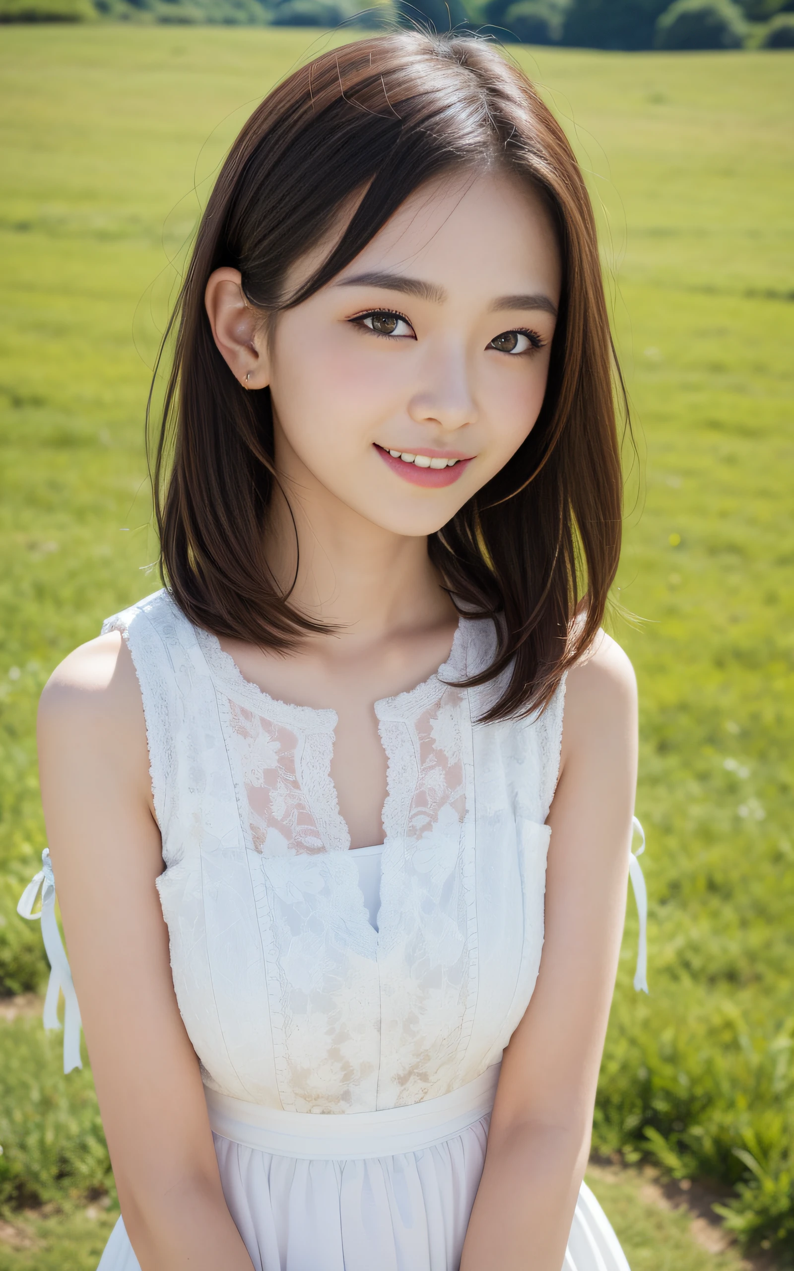 Best-quality, Masterpiece, Ultra-High-Resolution, (Photorealistic:1.4), Raw-Photo, 1girl, 12-years-old, the most famous Japanese idol, upturned small-ass, dynamic-pose, innocent-smile, extremely cute and childish face, extremely beautiful big-black-eyes, extremely beautiful hair, extremely beautiful skins, extremely beautiful shoulders, extremely beautiful short-body, extremely beautiful long-eyelashes, extremely beautiful lips