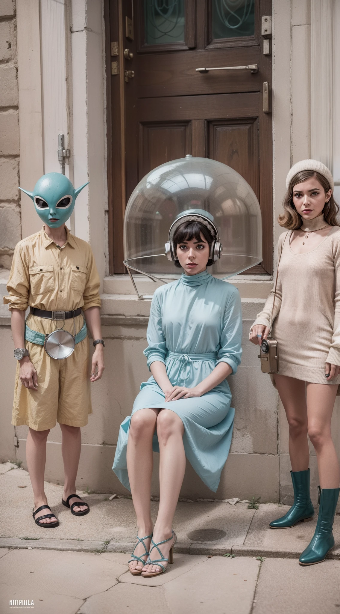 8k portrait of a 1960s science fiction film by Wes Anderson, em 1960, pastels colors, There are people wearing weird futuristic masks and wearing extravagant retro fashion outfits and men and women wearing alien makeup and old ornaments with mechanical pets in town, Luz Natural, Psicodelia, futurista estranho, fotorrealista, hiper detalhado, foco nítido, Intrinsic, Fuji filmes 55mm,