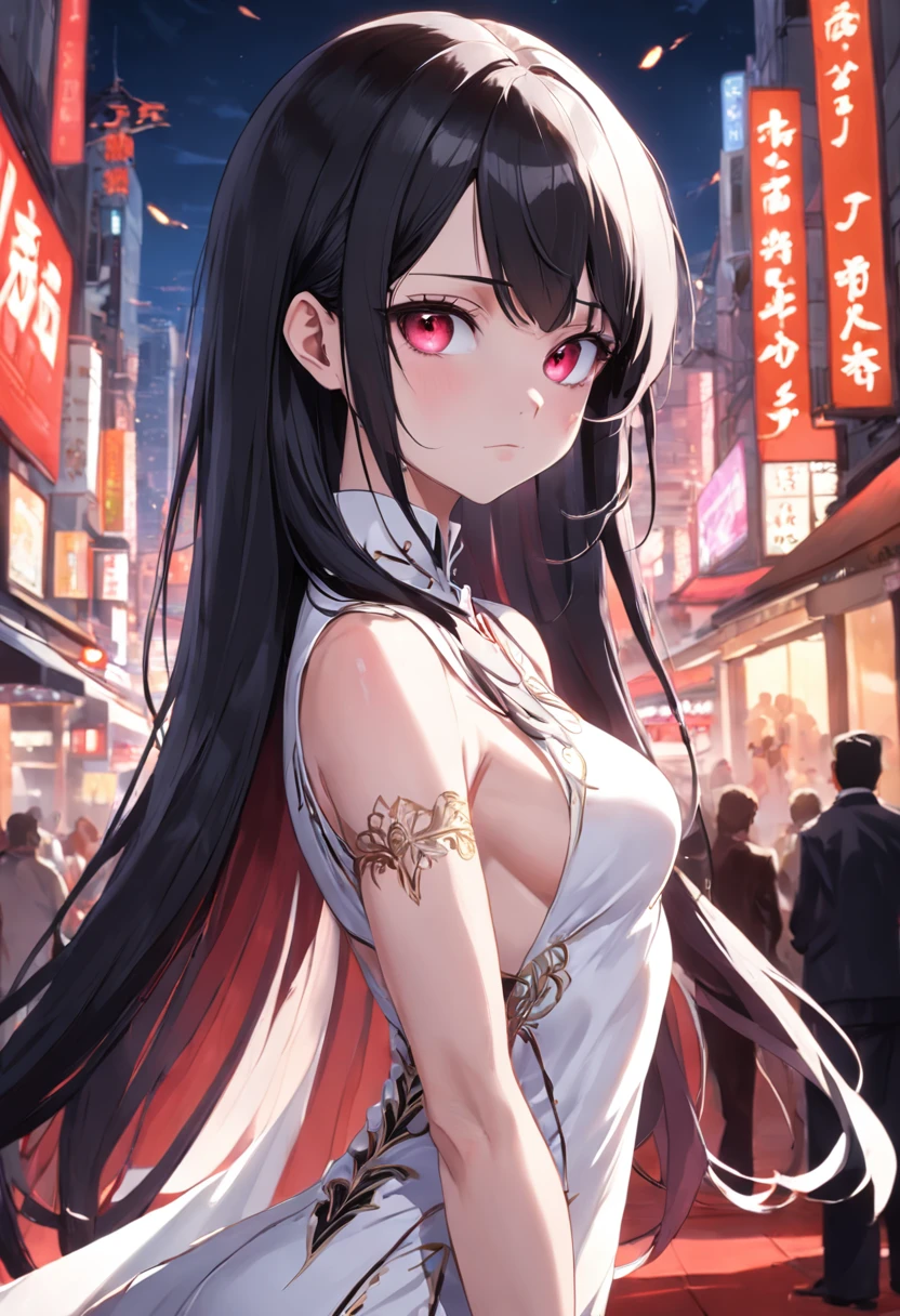 Caricatura detallada, Young white girl with black straight hair and crimson eyes, piel blanca de porcelana, Cuerpo completo, pechos grandes con vestido blanco de gala, alta calidad, High resolution, 8k, Disco duro, (Well-designed body), Amazing body, (Super detailed), Hermosos ojos, ultra detallado, ultraealista