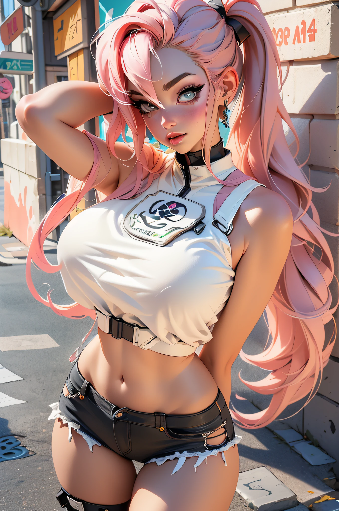 ((Best quality)), ((Masterpiece)), ((Realstic)) and ultra-detailed pchaudography, Tsuande, Pretty Girl Tsunade de Naruto, Jolie fille, cheveux jaune clair, parti, neon light. Elle a ((cheveux blanc)), porte un (Top Tech-Wear) et un (corde noire, motif rouge:1.2) , ((beautiful and aesthetic)), sexy, gros seins, chaud, grosse poitrine