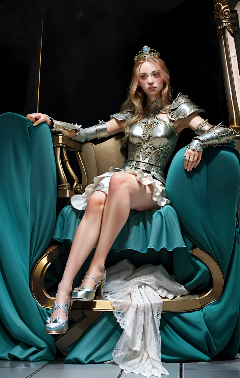 Ultra high quality，There was a woman sitting in a royal chair，beautiful  face，Dressed in armor