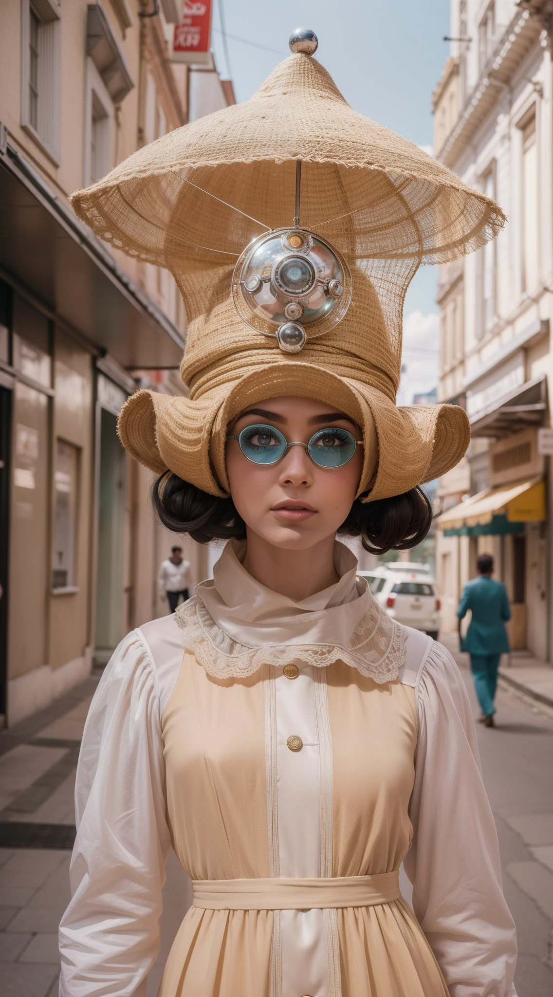 8k portrait of a 1960s science fiction film by Wes Anderson, em 1960, pastels colors, There are people wearing weird futuristic masks and wearing extravagant retro fashion outfits and men and women wearing alien makeup and old ornaments with mechanical pets in town, Luz Natural, Psicodelia, futurista estranho, fotorrealista, hiper detalhado, foco nítido, Intrinsic, Fuji filmes 55mm,