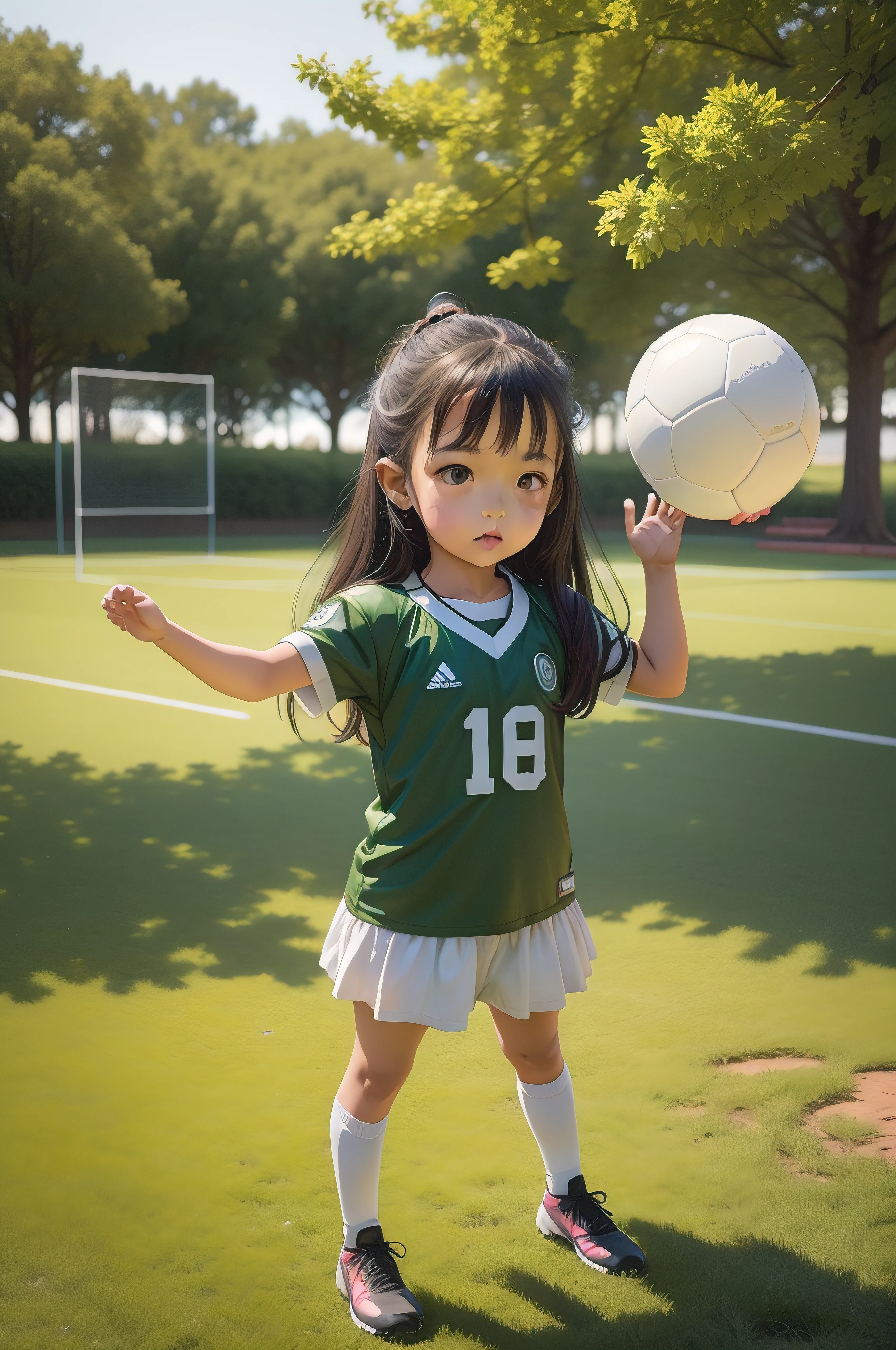 A cute chubby little girl，Double bun and bangs，Participate in the Asian Games football competition