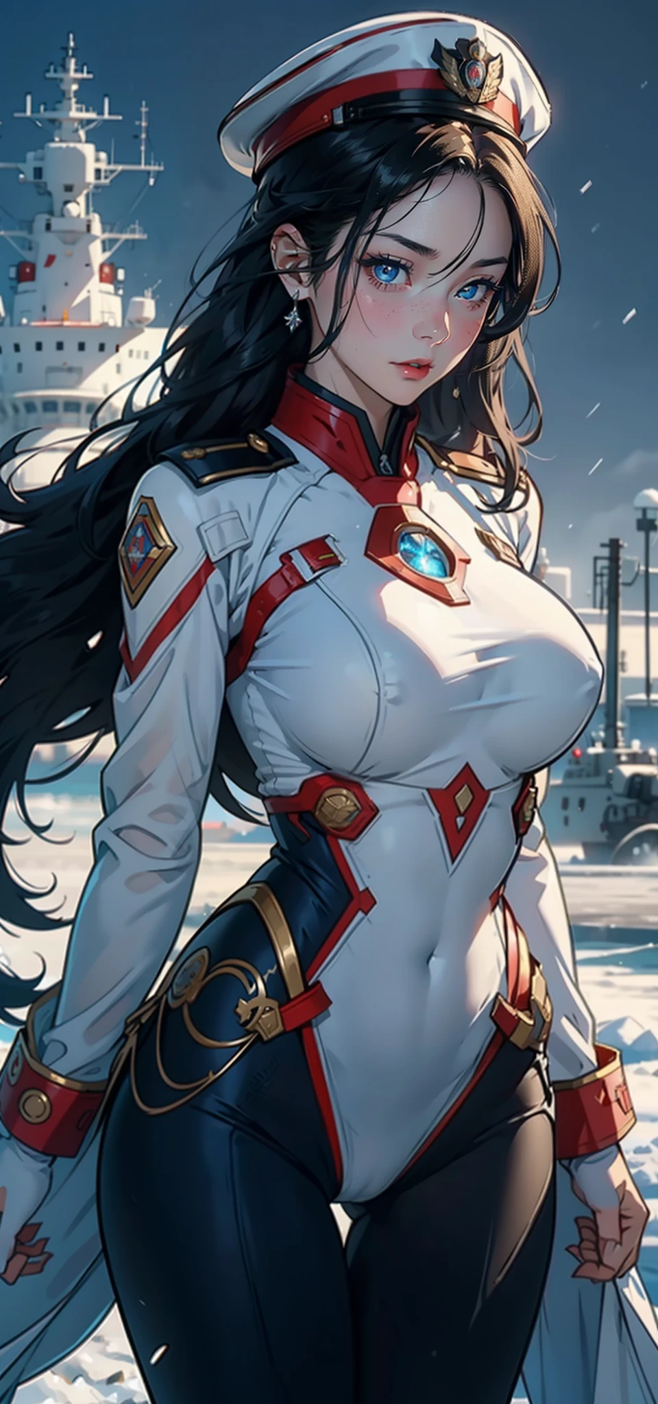 1womanl，33yo，熟妇，mature，extremely large bosom，Big breasts Thin waist，long leges，Raised sexy，Pornographic exposure， 独奏，Beauty contests，standing on your feet（Background with：the sea，snow mountains，warships，at winter season，Blizzarding，Big snowflakes）On warships， She has long black hair，Long hair flutters in the wind，Redlip，dynamicposes，Sweat profusely，drenched all over the body，seen from the front， hair straight， mostly cloudy sky，（（（tmasterpiece），（Very detailed CG unity 8K wallpaper），best qualtiy，cinmatic lighting，detailed back ground，beatiful detailed eyes，Bright pupils，（Very fine and beautiful），（Beautiful and detailed eye description），Blue eyes，Redlip，ultra - detailed，tmasterpiece，）），facing at camera，（The upper part of the body），A high resolution，ultra - detailed），revealing breasts，Bare genitalia，  Bulge，legs are open，sexyposture，Camel toes，Flushed complexion，Open-mouthed，frontage，Soviet officer，Officer's cap，（Wearing：White cloak，Down jacket White officer transparent uniform，Sexy leggings，Bare breasts，Bare genitalia，Armour，Gold wire embroidery，Snowflake decoration，Iron Man uniform，Sci-fi futuristic style）