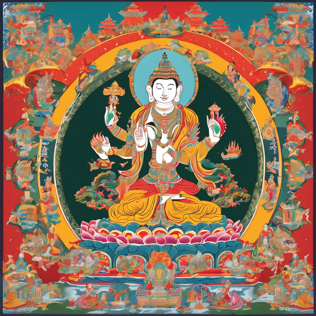 Thangka in Tibetan Buddhism,Buddhism Images,The face is clear and peaceful,Dignified and majestic,Surrounded by Xianyun and Chinese totem, Bio-luminescence, Luminism, Crystal perspective, Ethereal,, 8k解像度, Chinese Tibetan style,Thangka art style, Static, Frontal seated image,Look ahead,,Place your hands naturally on your legs,The form is natural,The hands and face contours are well defined(Smooth details), Dazzling artistic background, The edges glow, Multicolored shades, Digital illustration, intricately details(meticuloso), Sharp focus, Complex composition, The style of atmospheric high-end composition