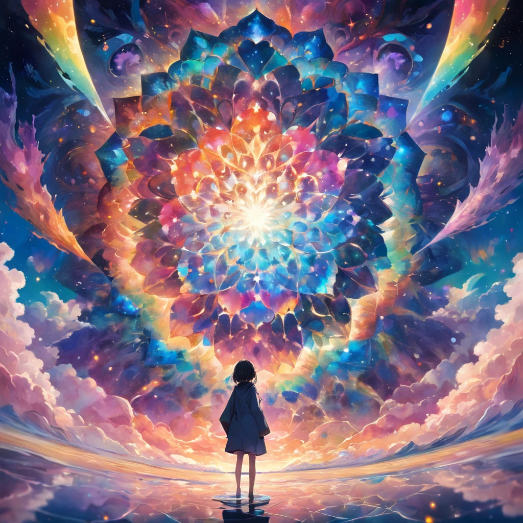 (((Obra maestra))), mejor calidad, Still film, 1 nube, flotando en el cielo, primer plano, brillante, soft warm lighting, puesta de sol (chispas: 0,7) Huge cosmic ocean, with marbled, hexagonal fractal patterned and blurred rainbow colours symmetrical under a psychedelic space starry night of rainbow-marbled play.