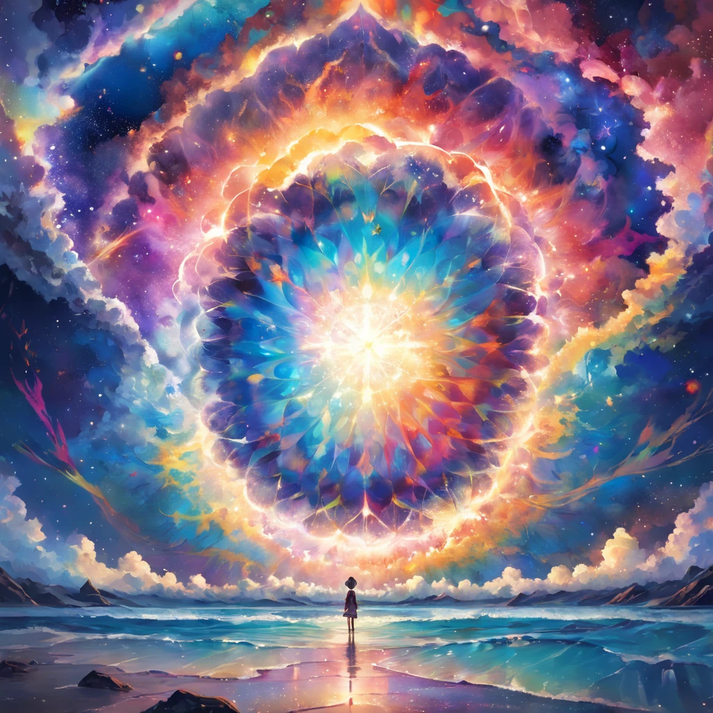 (((Obra maestra))), mejor calidad, Still film, 1 nube, flotando en el cielo, primer plano, brillante, soft warm lighting, puesta de sol (chispas: 0,7) Huge cosmic ocean, with marbled, hexagonal fractal patterned and blurred rainbow colours symmetrical under a psychedelic space starry night of rainbow-marbled play.