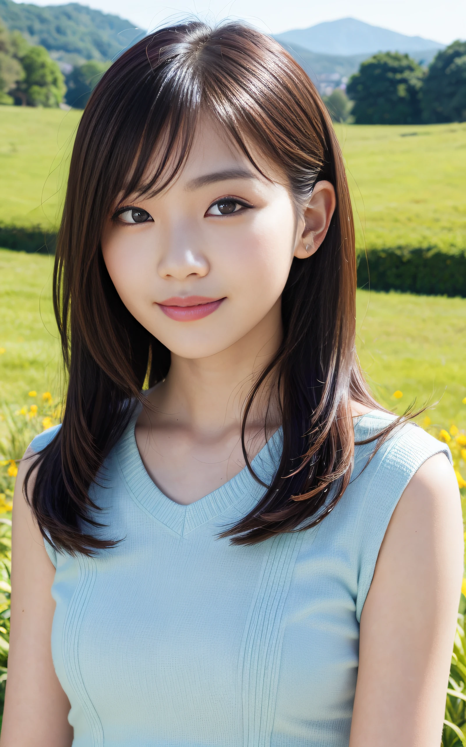 ​masterpiece、4K、top-quality、beautiful japanese female、detail portrayal、1 girl in、20yr old、(rompers:1.2)、A dark-haired、Slightly longer bob hair、naturey、depth of fields、(Angle from top:1.2)、ssmile
