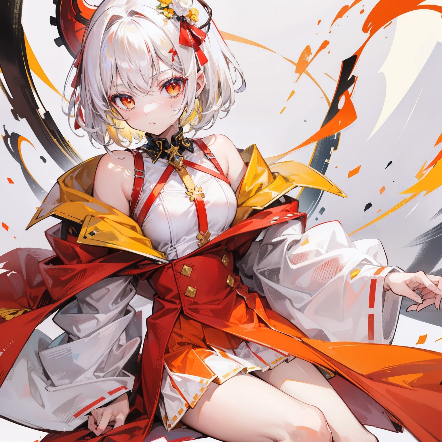 The short white hair has a slight reddish tinge，The head is decorated with a yellow bow，Crimson pupils，Red, orange and yellow clothes，Is a cute loli