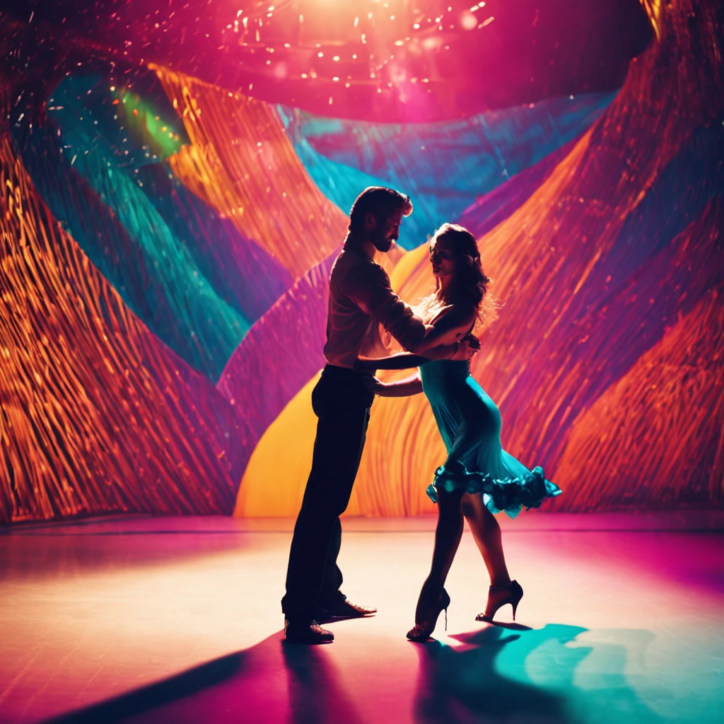 Art for dance festival, with silhouette of a couple dancing on a stage lit by various lights
