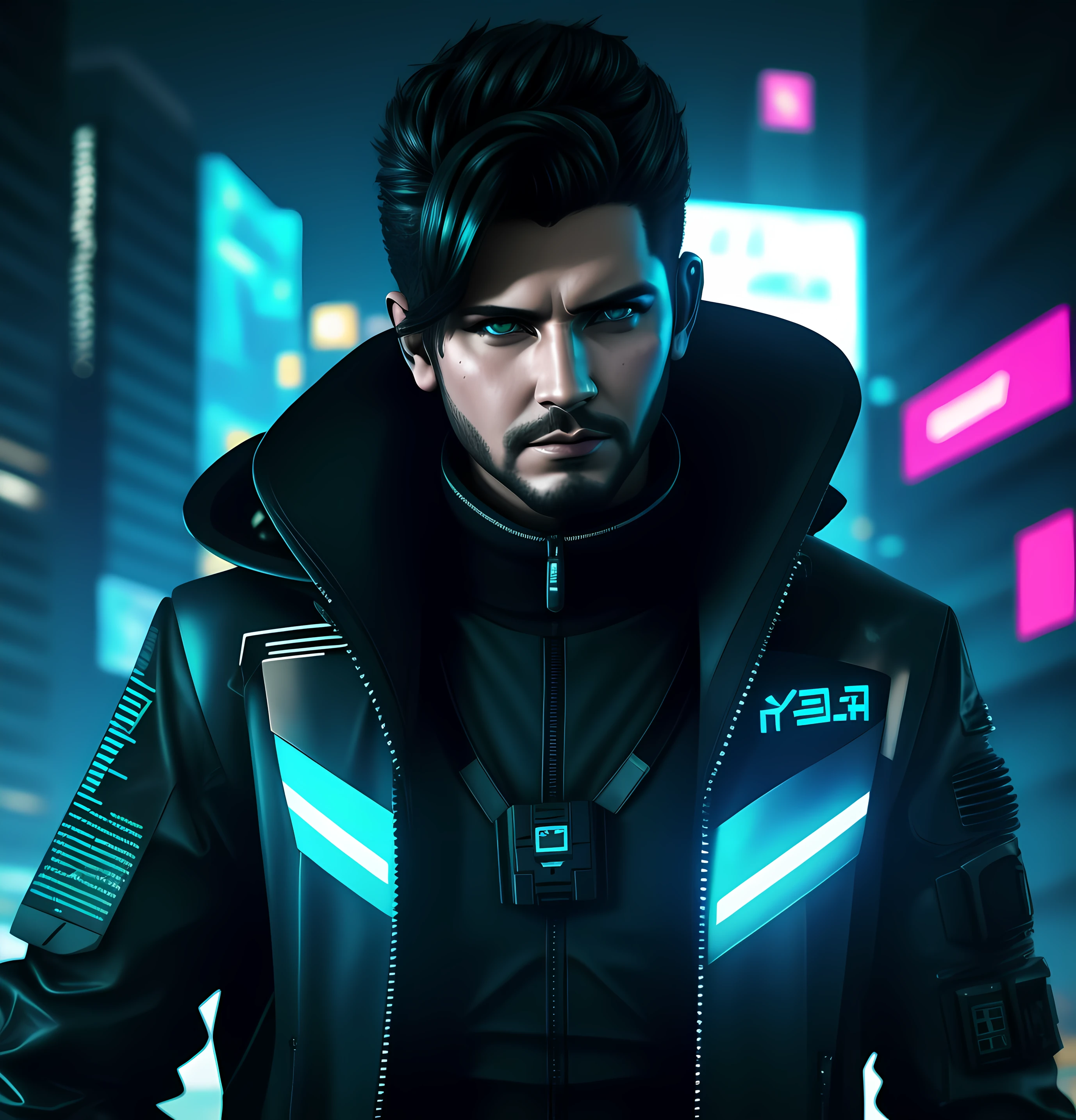 um close up de um homem em um terno futurista com um fundo futurista, cyberpunk hero, Neon scales and Cyborg Tech, Em um aliado cyber - punk, estilo cyber universe, neo vaporwave |, Cybernetic style, cara cyberpunk, cores cyberpunk, cor estilo cyberpunk, cybernetic suit, no estilo cyberpunk, estilo de arte cyberpunk, personagem scifi, cyberpunk futurista neo, Retrato de Adam Jensen