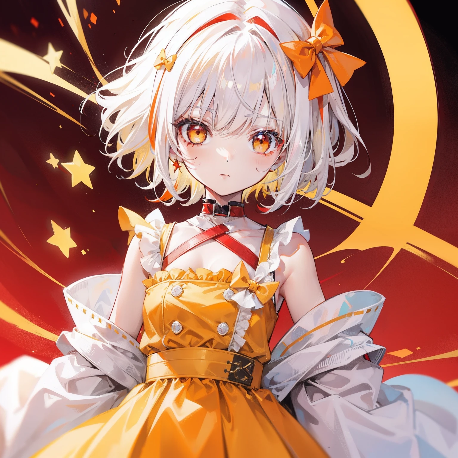 The short white hair has a slight reddish tinge,The head is decorated with a yellow bow,Crimson pupils,Red, orange and yellow clothes,Is a cute loli