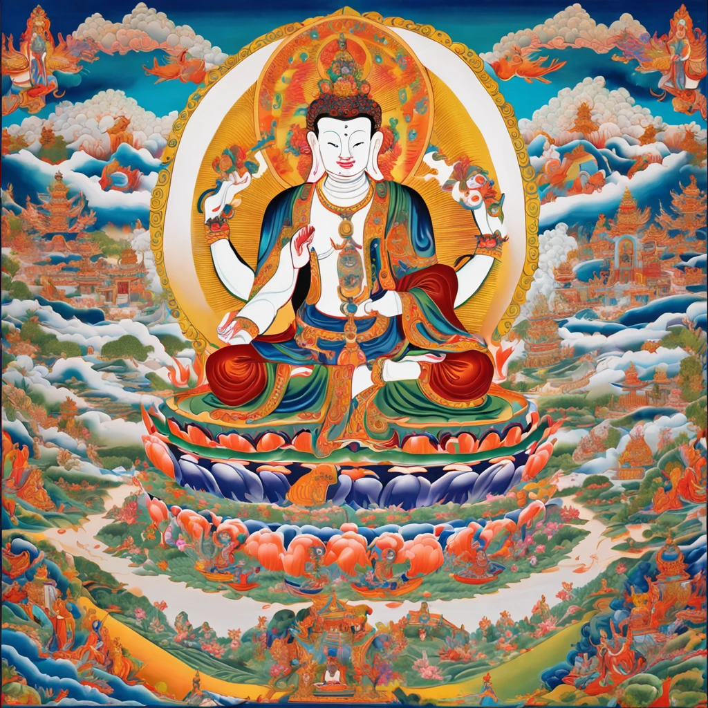Thangka in Tibetan Buddhism,Buddhist imagery,The face is clear and peaceful,Majestic and majestic,Surrounded by fairy clouds and Chinese totems, Bio-luminescence, Luminism, Crystal perspective, Ethereal,, 8k解像度, Chinese Tibetan style,Thangka art style, Static, Frontal seated image,Look ahead,,Place your hands naturally on your legs,The form is natural,Clear hand and facial contours(smooth detailed), Dazzling artistic background, The edges glow, Colorful shades, Digital illustration, intricately details(meticuloso), Sharp focus, Complex composition, The style of atmospheric high-end composition