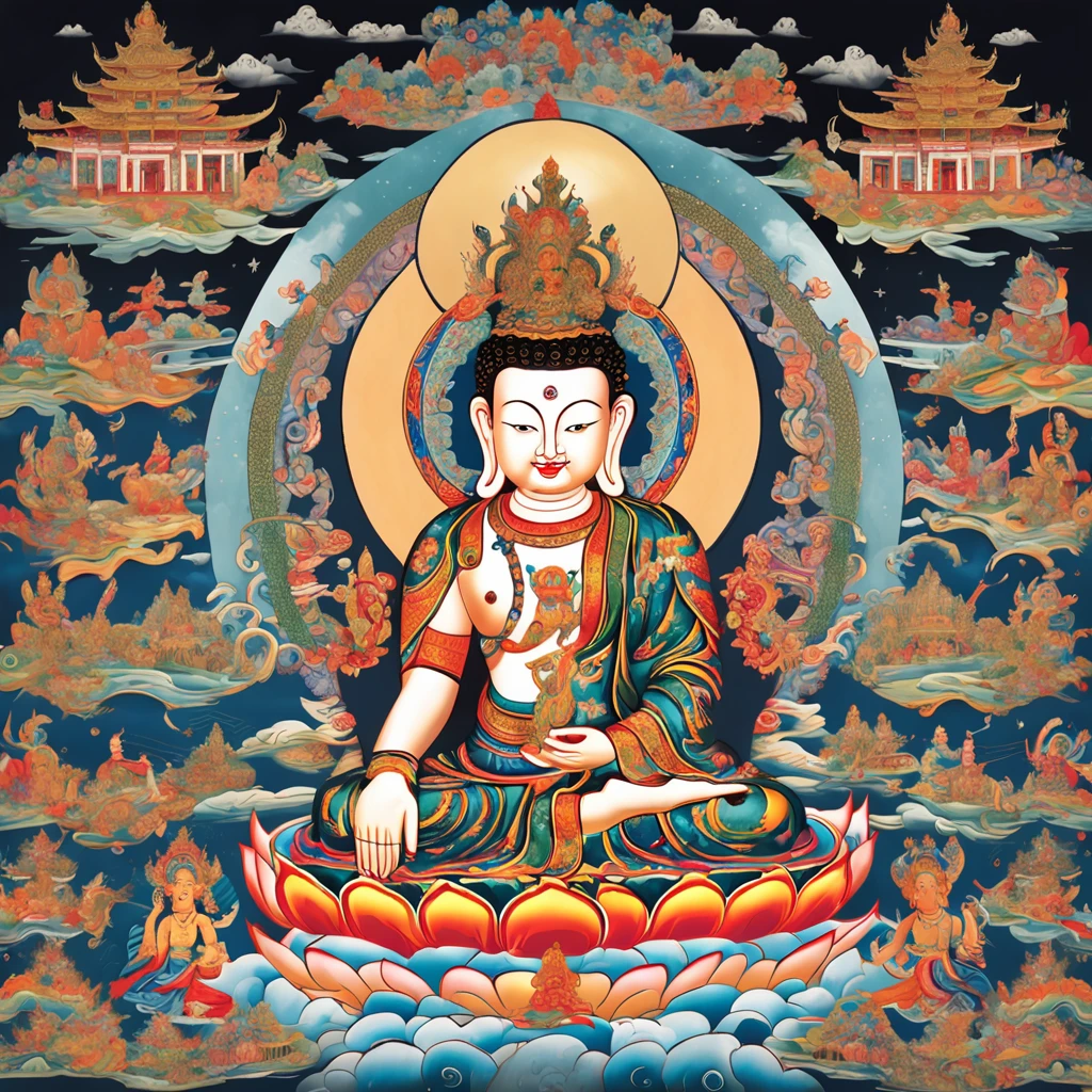 Thangka in Tibetan Buddhism,Buddhist imagery,The face is clear and peaceful,Majestic and majestic,Surrounded by fairy clouds and Chinese totems, Bio-luminescence, Luminism, Crystal perspective, Ethereal,, 8k解像度, Chinese Tibetan style,Thangka art style, Static, Frontal seated image,Look ahead,,Place your hands naturally on your legs,The form is natural,Clear hand and facial contours(smooth detailed), Dazzling artistic background, The edges glow, Colorful shades, Digital illustration, intricately details(meticuloso), Sharp focus, Complex composition, The style of atmospheric high-end composition