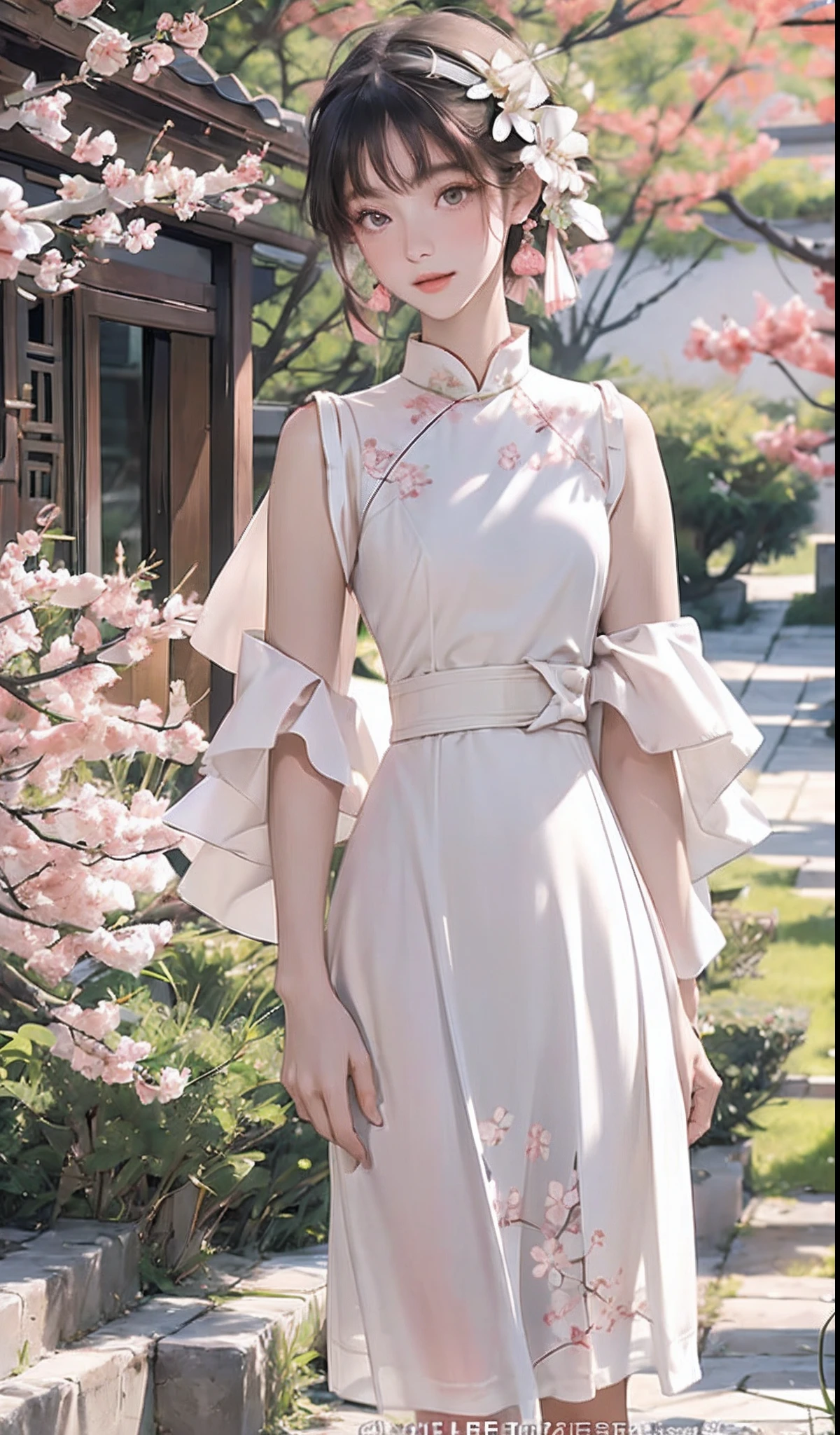 There is a girl in a short green dress, plum blossoms, oriental architecture ray tracing, best quality, masterpiece, extremely detailed 8K wallpaper, colorful, intricate details, cold white skin, (meticulously portrayed blush), soft cute, messy beauty, bright and silky skin, beautiful eyes, peach blossom eyes, an extremely delicate and beautiful girl, white skirt, upper body,