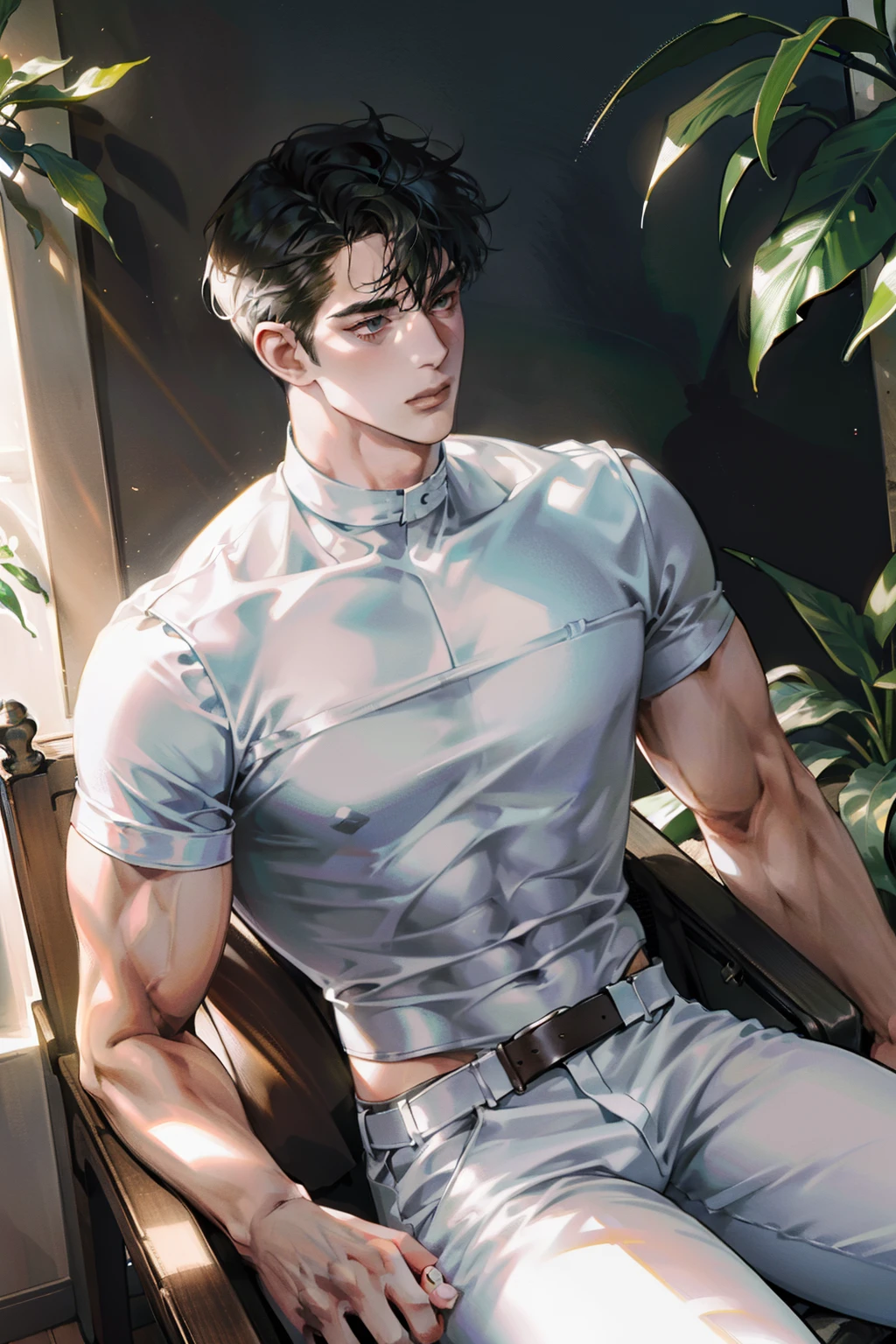 (absurdres, highres, ultra detailed), 1 male, handsome, tall muscular guy, very short hair, best ratio four finger and one thumb, best light and shadow, background is back alley, detasiled sunlight, sitting, Little cats are gathered next to him, dappled sunlight, day, depth of field, plants, summer, (dutch angle), closed mouth