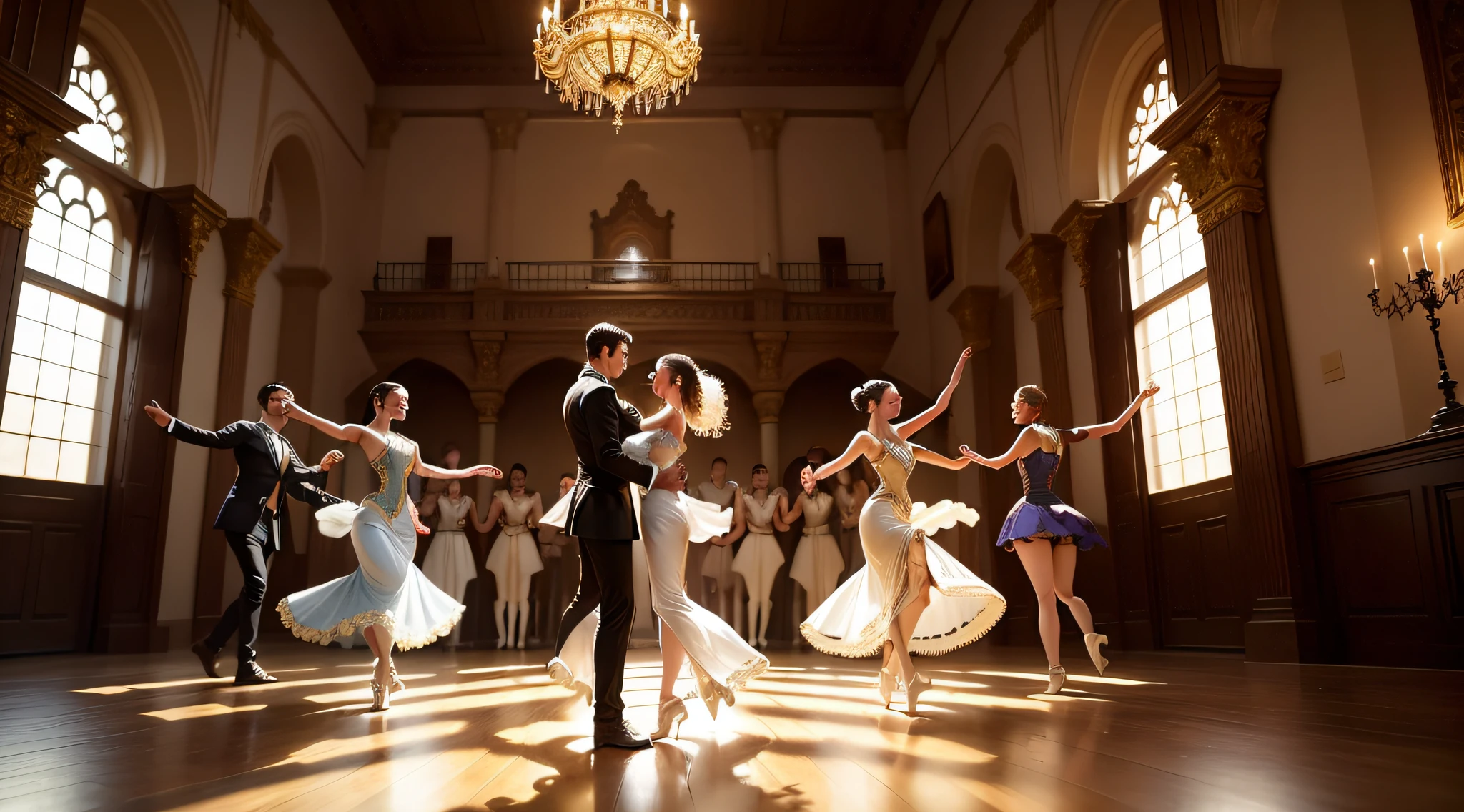magine a magical scene inside an ancient castle, where dance comes to life in a charming way. Describe an image that captures the essence of dance in this grand environment. Pense em trajes elegantes, graceful movements and the unique atmosphere of the castle, which blends harmoniously with the artistic expression of dance. Suas palavras devem pintar a imagem de uma cena que transborda beleza, ritmo e alegria, as dancers move through the castle's ornate halls.