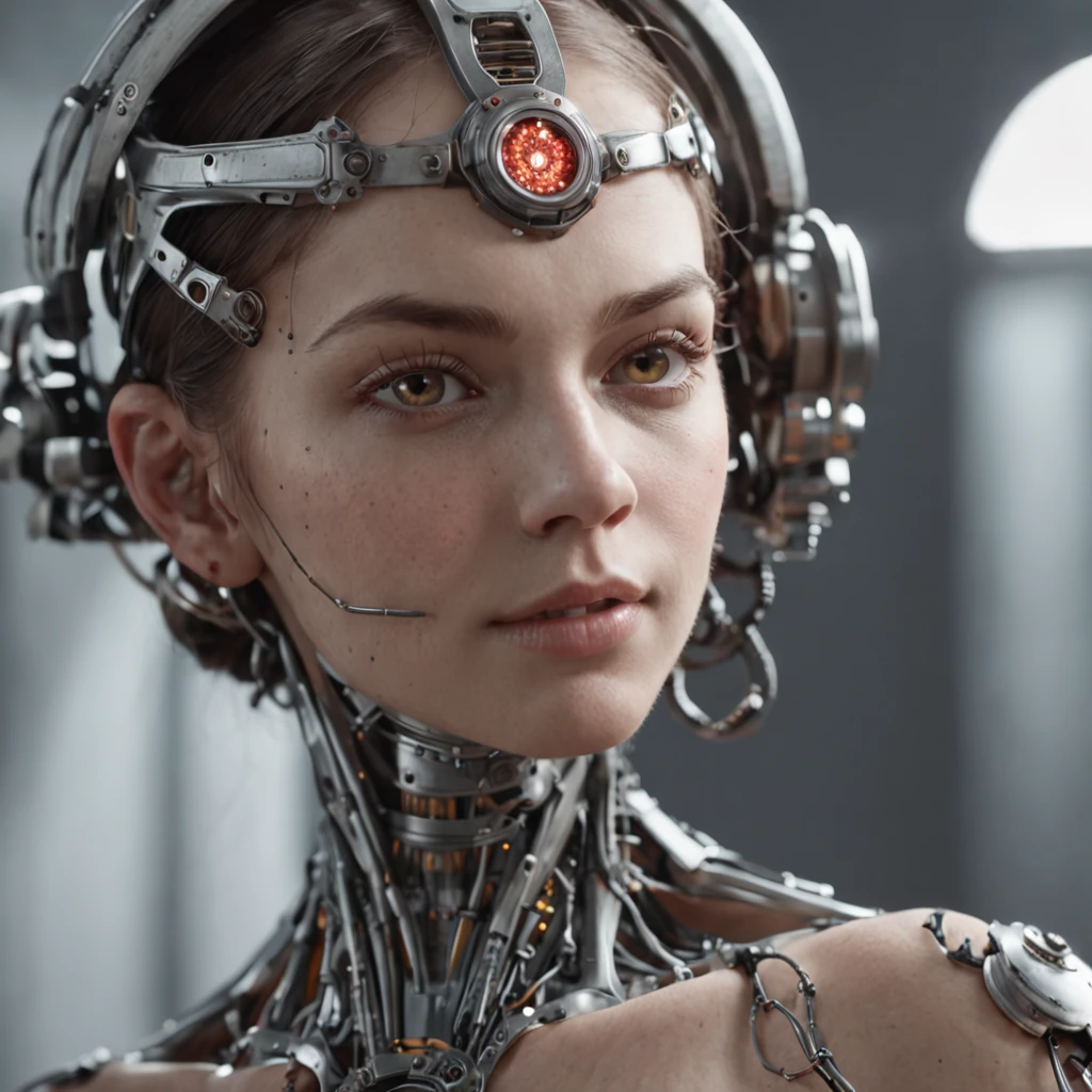 1mechanical girl,((ultra realistic details)), portrait, global illumination, shadows, octane render, 8k, ultra sharp,metal,intricate, ornaments detailed, cold colors, egypician detail, highly intricate details, realistic light, trending on cgsociety, glowing eyes, facing camera, neon details, machanical limbs,blood vessels connected to tubes,mechanical vertebra attaching to back,mechanical cervial attaching to neck,sitting,wires and cables connecting to head