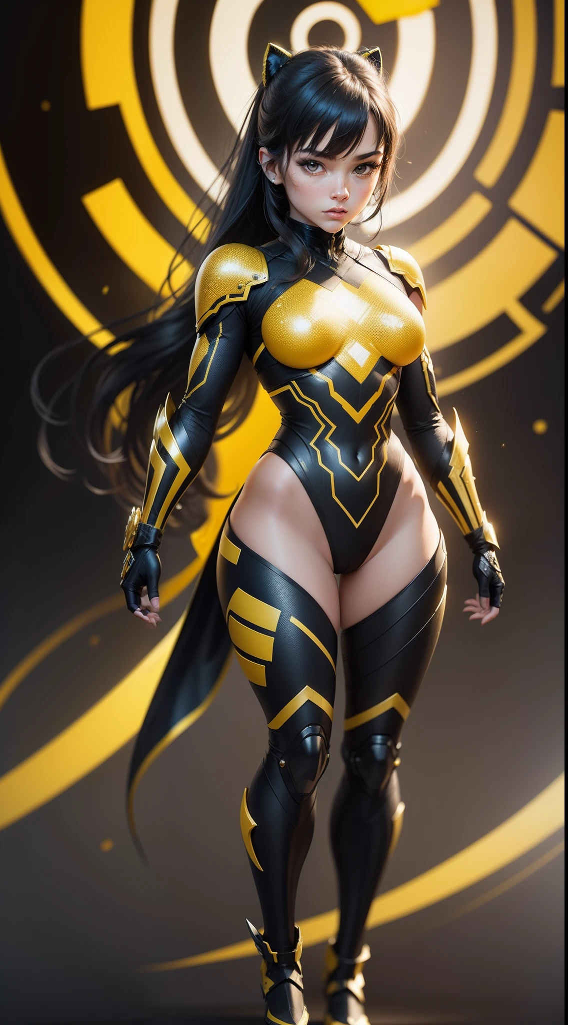 Nano Ninja:
Create an NFT of a superhero with yellow and black costume, with nanometer-scale details on the armor. Focus on representing metallic texture on a microscopic scale, conveying a highly technological look.