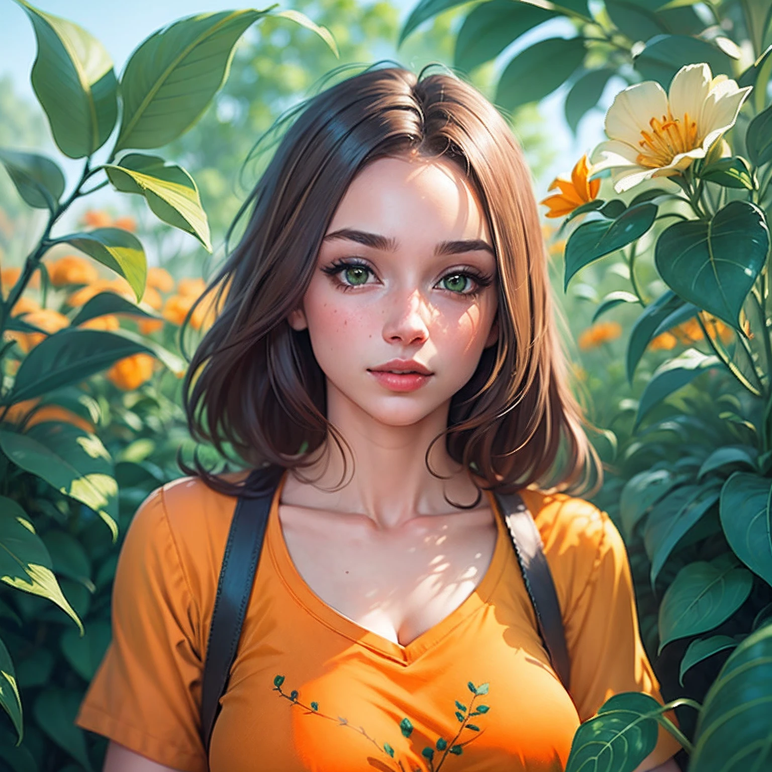 Girl with brown hair, green eyes, orange shirt, surrounded by flowers and plants, illustration --auto --s2