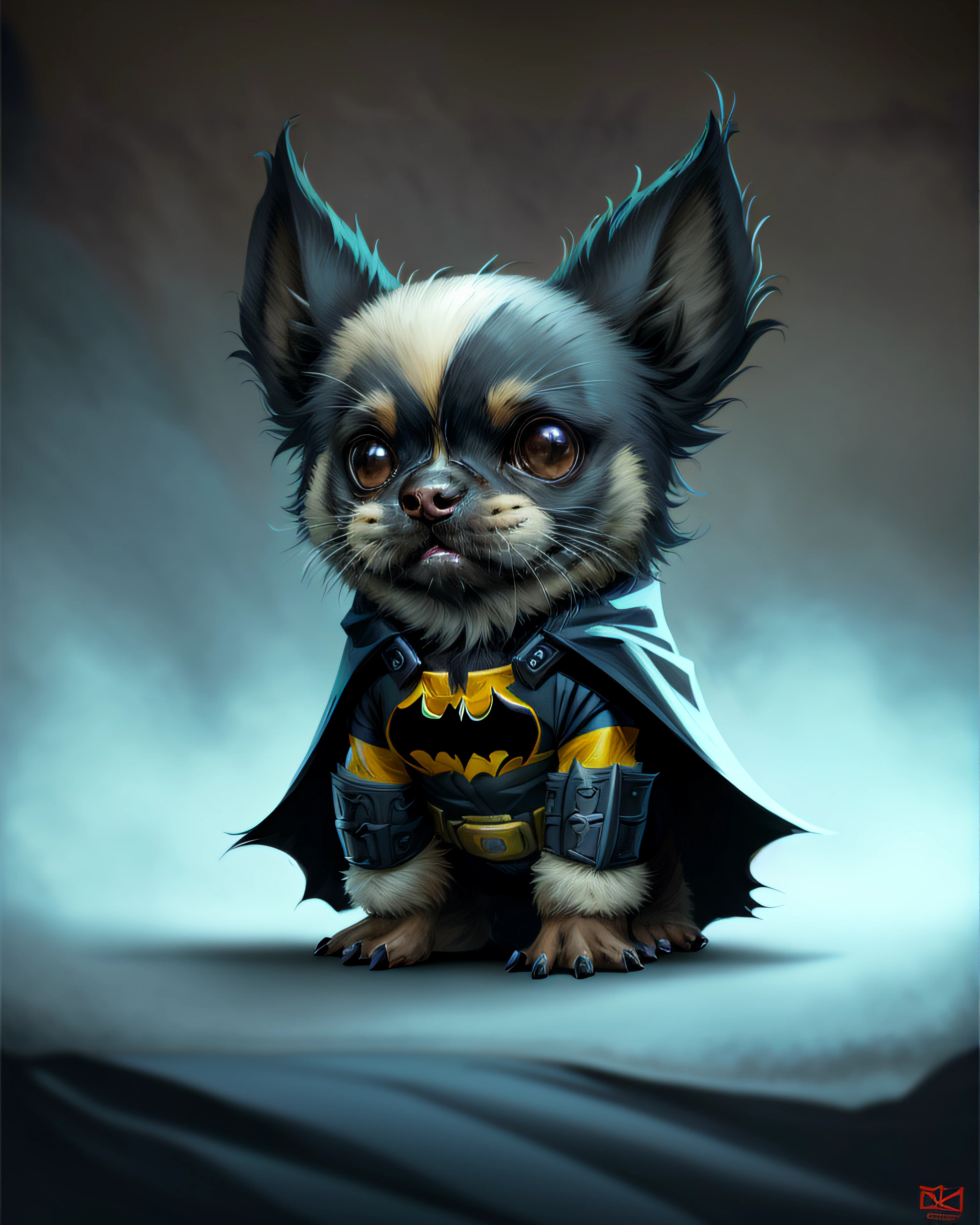 arafed chihuahua dressed as batman with cape and caped on, adorable digital painting, anigirl batman, superhero portrait, cute detailed digital art, fill in top and bottom of the image wojtek fus, by Rudy Siswanto, by Eddie Mendoza, batman, ross tran 8 k, by Reuben Tam, batman portrait, by Ryan Yee, by Brian Thomas, portrait of batman, by Jason Chan