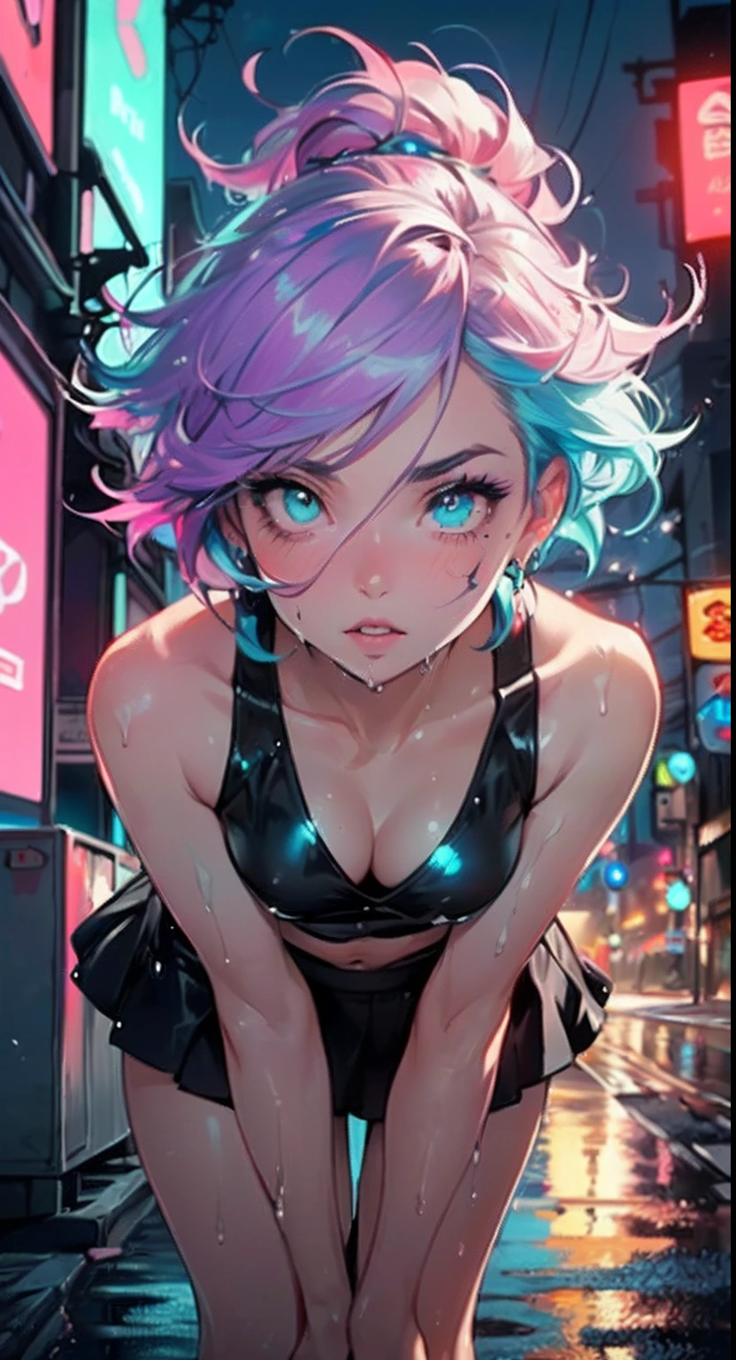 cute cartoon little ,(((little lolill tiny body,petite))),(((6 years tremely cute cartoon girl with liquid paint hair)),
(((flat chest))),(((short hair,liquid paint hair:1.1,neon purple hair|neon pink hair|neon blue hair|neon aqua hair|purple hair|fuchsia hair|fluorescent blue hair|amethyst hair|neon hair|bright pink hair :1.5,bright hair: 1.3,hair made of paint and defies gravity,thick flowing,paint splatter:1.3,shiny hair: 1.3,vibrant colored hair))),((heterochromia:1.5,eye1 purple:1.5,eye2 pink:1.5,upturned eyes:1.3,perfect eyes,beautiful detailed eyes,finely detailed beautiful eyes:1,symmetrical eyes:1,vibrant color eyes:1.5)),((fat)),(((lustrous skin:1.5,bright skin: 1.5,skin tanned,shiny skin,very shiny skin,shiny body,plastic glitter skin,exaggerated shiny skin,illuminated skin,wet legs))),(delicate detailed fingers,detailed body,human hands),
cute,slutty,seductive,erotic,(((nsfw))),
revealing clothing,show skin,(wearing a Neon color theme clothing:1.3,micro clothes,fluorescent and neon clothing,rave fashion,micro crop top,micro skirt,visible thong straps,accessories LED),((wet clothes,detailed outfit,detailed clothes)),
(dynamic pose:1.0),solo focus,embarrassed,(centered,scale to fit dimensions,Rule of thirds),
cyberpunk city by the ocean at night, with bright neon signs and dark stormy clouds and puddles,
High resolution, sharp focus, (ultra detailed, extremely detailed), (photorealistic artwork:1.37), 8k wallpaper,((synthwave background theme)),((vibrant colors)),(intricate),masterpiece,(best quality),
