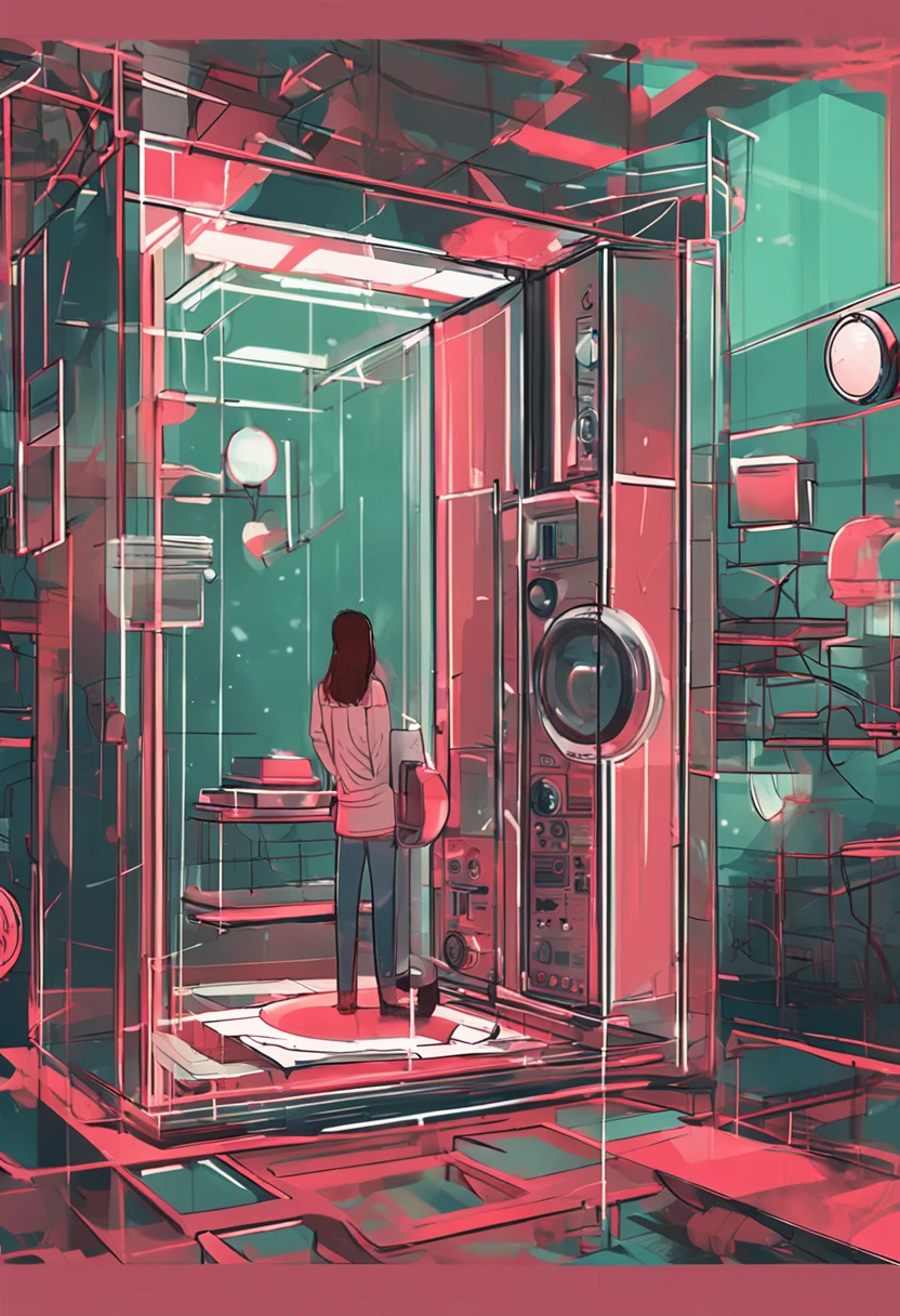 The background is a transparent square glass box,Inside the box there are two small round lights that look like cameras,Both of these small round lights are facing to the right