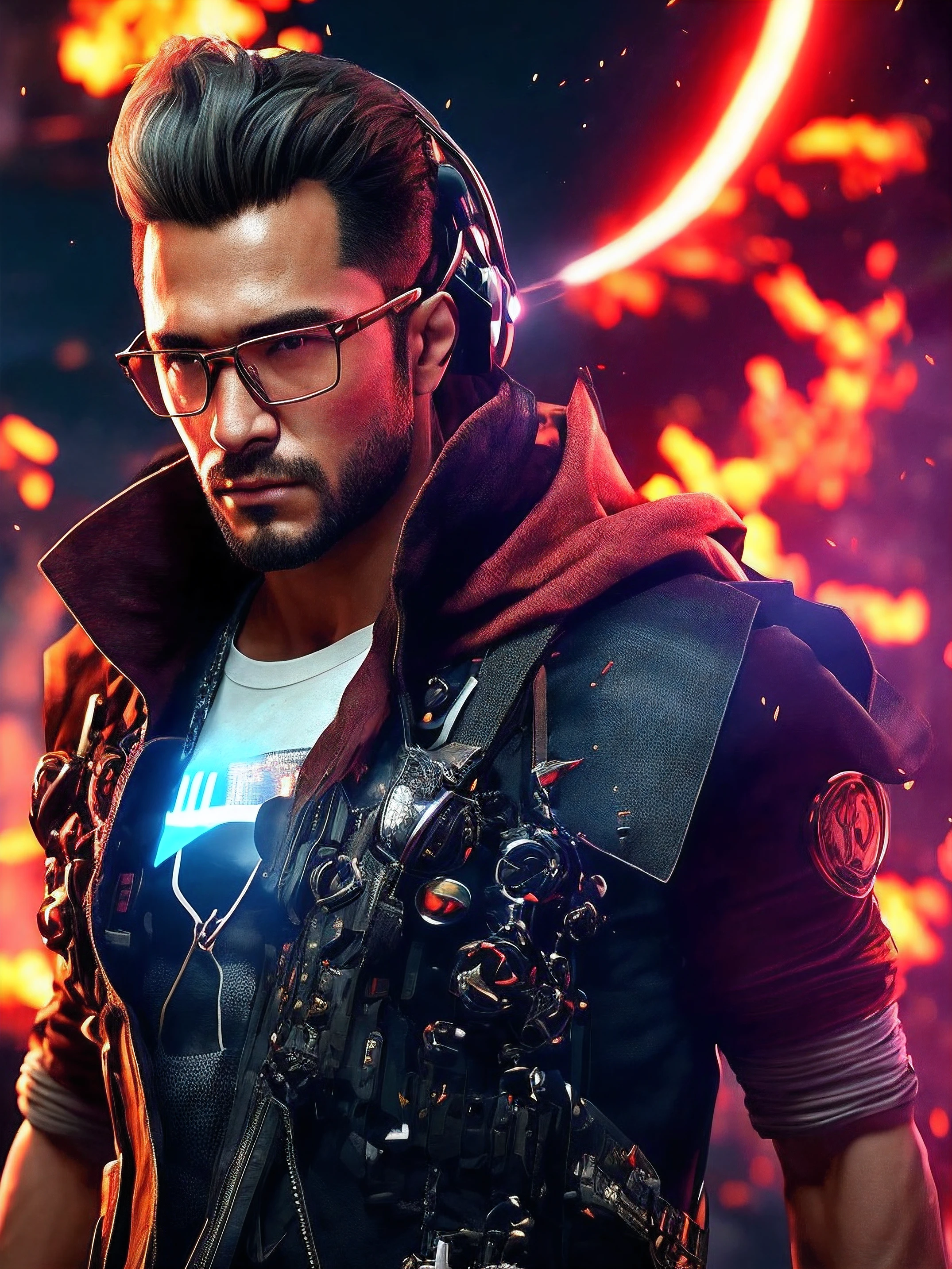 Corida photo of a man with glasses and a T-shirt, Retrato de corido, cor neon sangrar, hero pose corida city lighting, Foto retrato, pingando em tinta neon, filtros e efeitos badass, Retrato VFX altamente detalhado, cyberpunk cores vibrantes, corido saturado, gotejamento com cor, cor ( sony um 7 r iv, Corido Octane Vivid Render, Rendering of corid octanes, Color Explosion