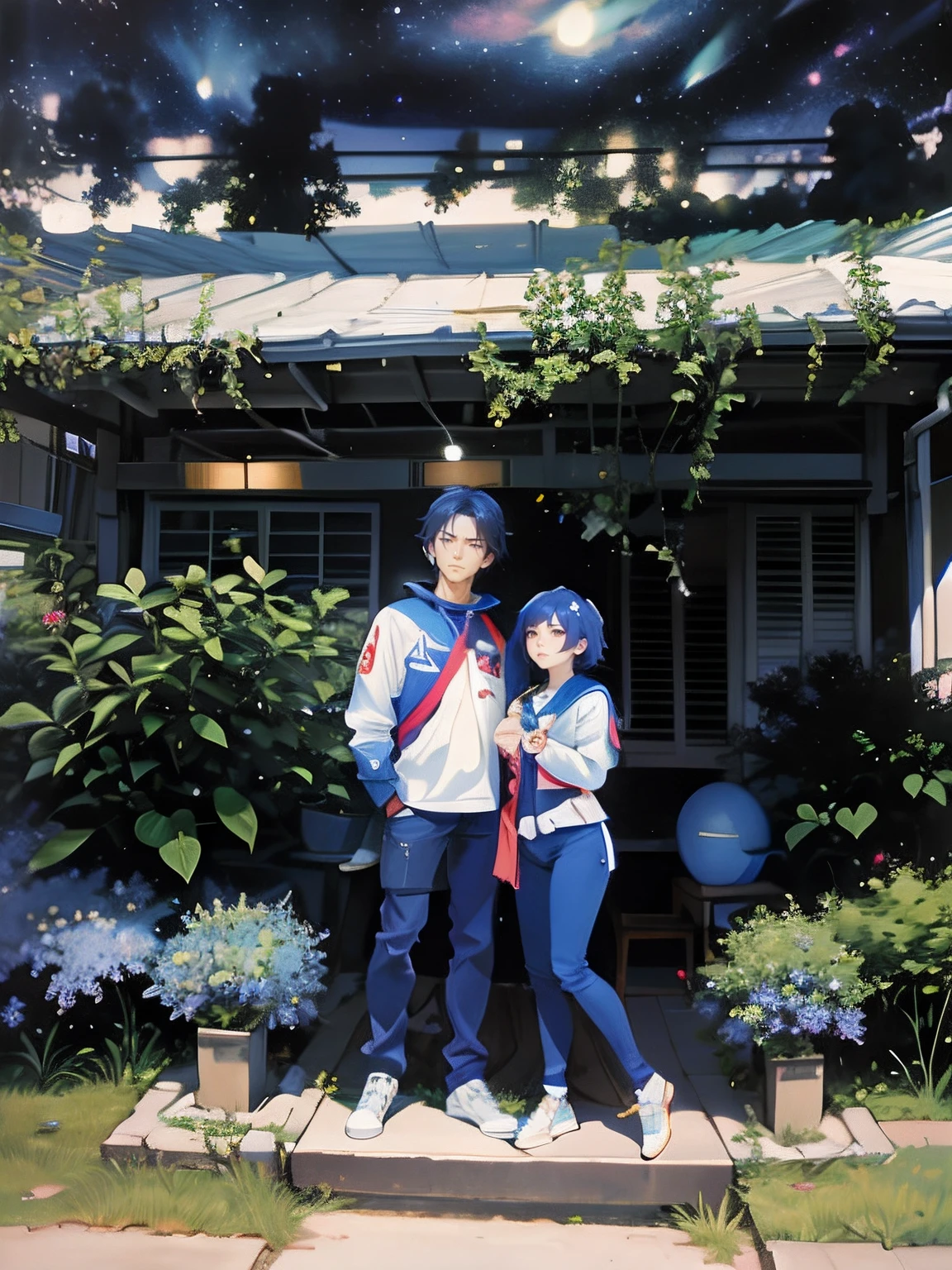anime couple posing in front of a house with a garden, official art, guweiz and makoto shinkai, sakimichan and makoto shinkai, 2 d anime style, by Kobayashi Kiyochika, kyoto animation still, in style of makoto shinkai, studio glibly makoto shinkai