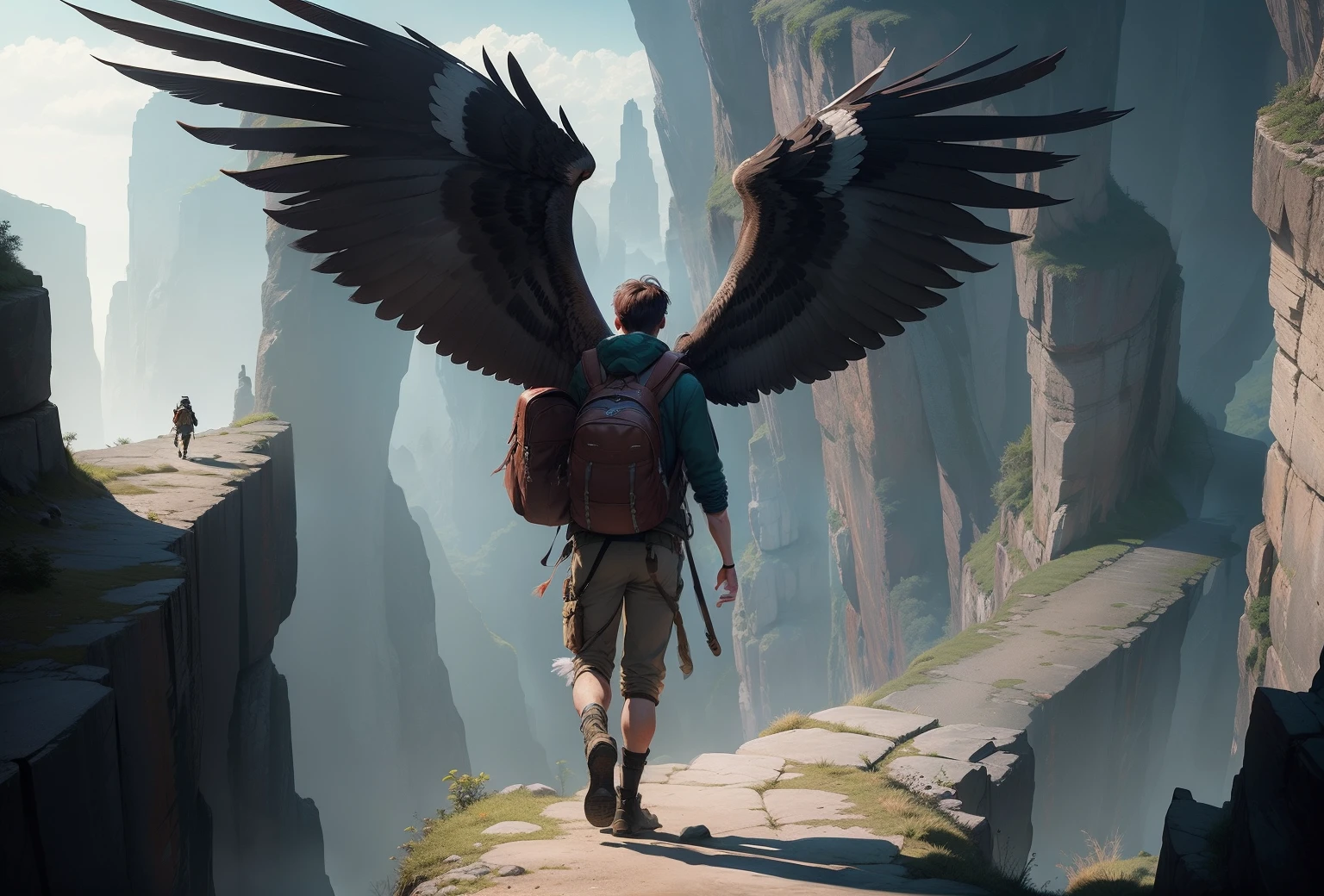 Max, with his backpack on his back, walks through a rocky gorge. He faces a narrow bridge over a deep abyss. A guiding hawk leads the way ahead, its wings outstretched in the air.