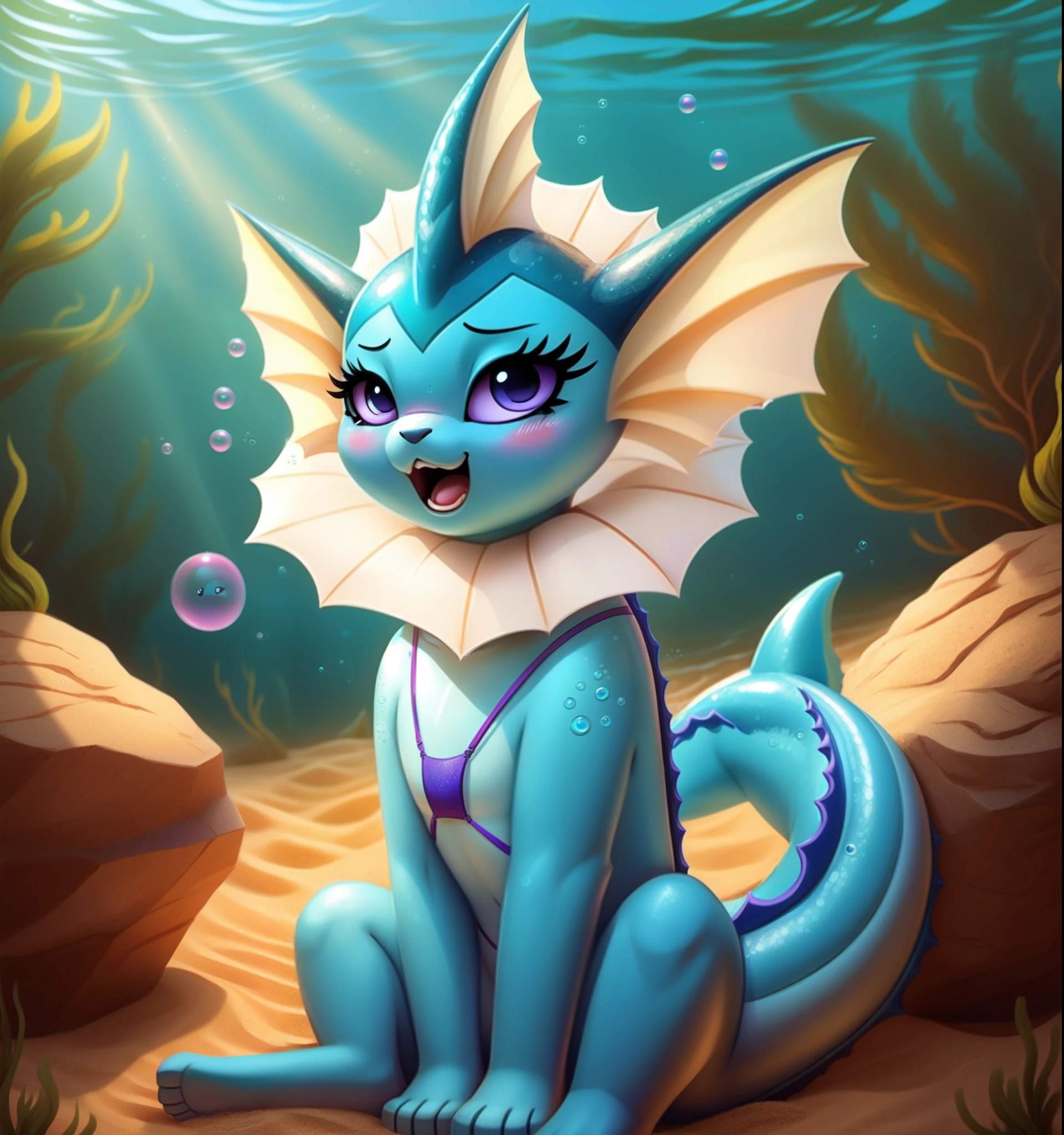 (masterpiece, best quality:1.15), 1girl, solo, vaporeon, colored sclera, long eyelashes, colored skin, (blue skin:1.1), furry purple eyes,  tail, cetacean tail shiny skin,  bikini, sitting, angry, blush, looking at viewer, open mouth, (underwater:1.1), outdoors, bubbles, day, sunlight, dappled sunlight, sunbeam, sand, rock, fish