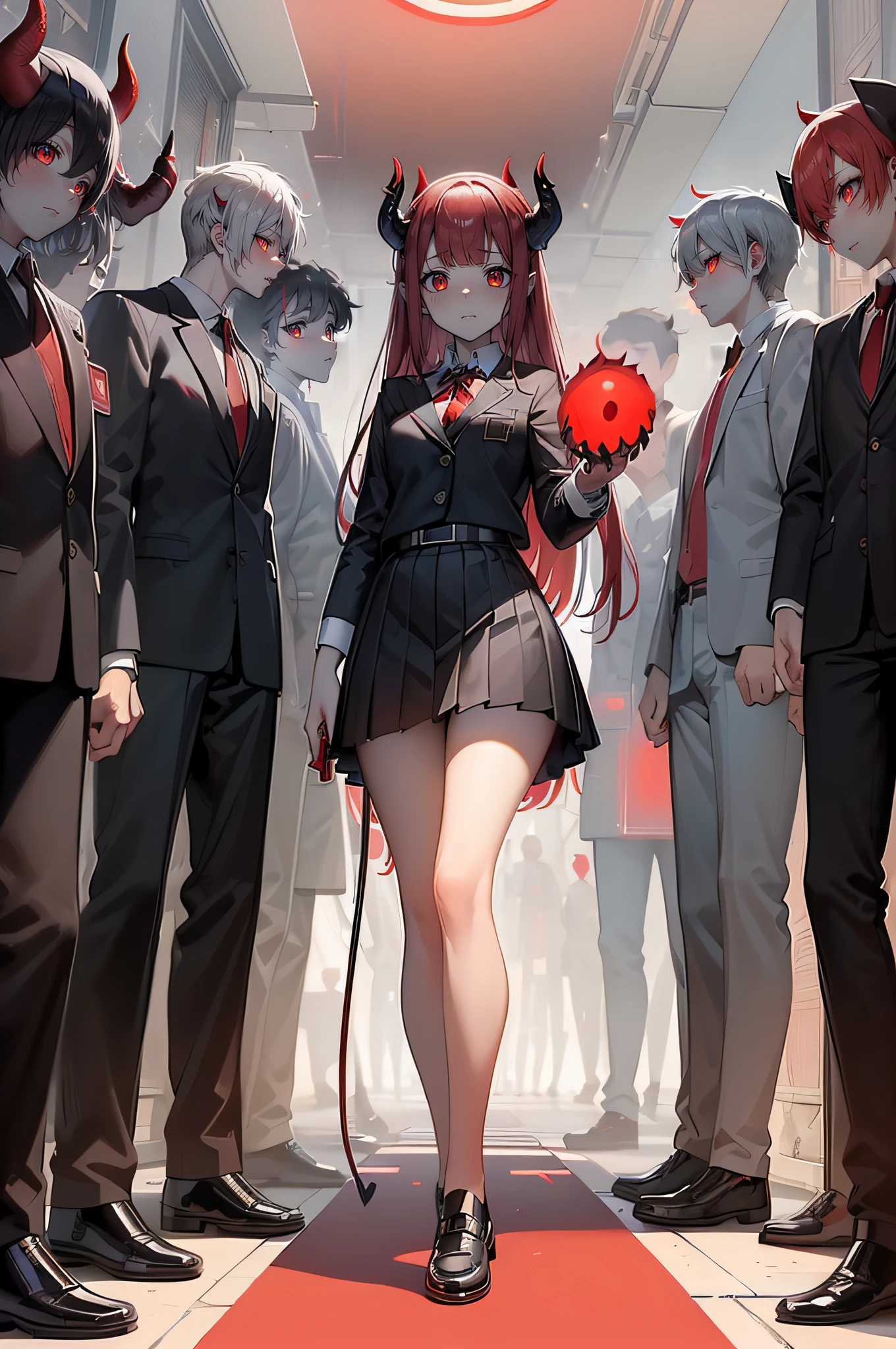 masterpiece, best quality, ultra high res, ultra detailed, super fine illustration, anatomically correct, perfect proportion, perfect face, perfect legs, (from front:1.2), (dispersion of light), indoor, school corridor BREAK (99 demons, group shot:1.5), full body, school uniform, walking in line, (red light reflecting eyes), (million+ demons , group shot:1.5), full body, school uniform, walking in line, (million+ boys, group shot:1.5), full body, school uniform, walking in line, BREAK, (Faintly emerge from the darkness:1.2), school uniform, (walking in line:1.2), (red radiant eyes:1.5), (red light reflecting eyes:1.5), (Burning-Edge:1.2)