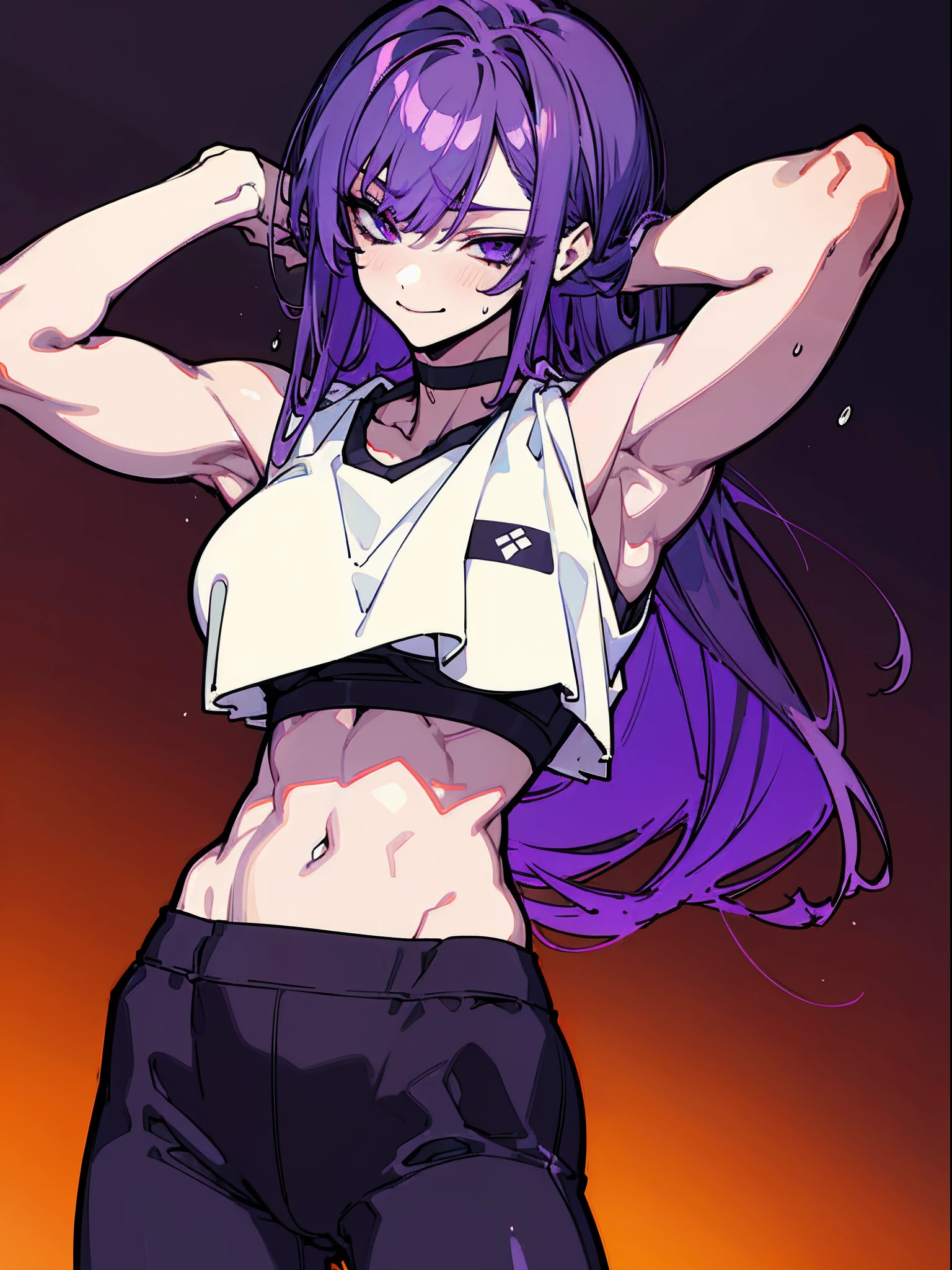 (top-quality、​masterpiece:1.2), 1girl in、Beautiful fece、Saeko Poison Island, ((Sportsbra、Sports pants)), ((sports gym)), (Angle from behind), (Turning around), Big buttocks、One hand is on his hip, long purple hair、Purple eyes, ((Vicious look、Vulgar smile)), Sweating、Rough breath、 full body Esbian、elegent、enticing、A sexy、Beautiful and well-groomed face、beautidful eyes、beautiful hairl、slick skin、Beautiful mouth、smooth legs、Balanced body、