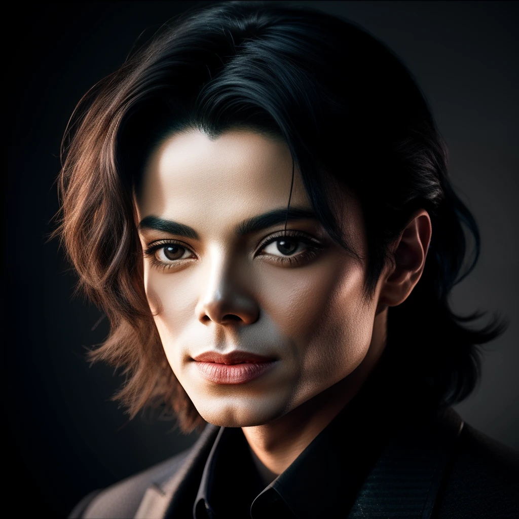 Michael Jackson, with stage lights, Style analogique brut, Des yeux captivants, Expressions captivantes. The background should be neutral and simple, pay close attention to details such as highlights and shadows on your face and hair to create a realistic and realistic image. Experiment with different lighting techniques to enhance the mood and mood of your portraits. Highly detailed skin, skin detail, mise au point nette, volumetric fog, 8K UHD, DSLR, High quality, grain du film, Fujifilm XT3