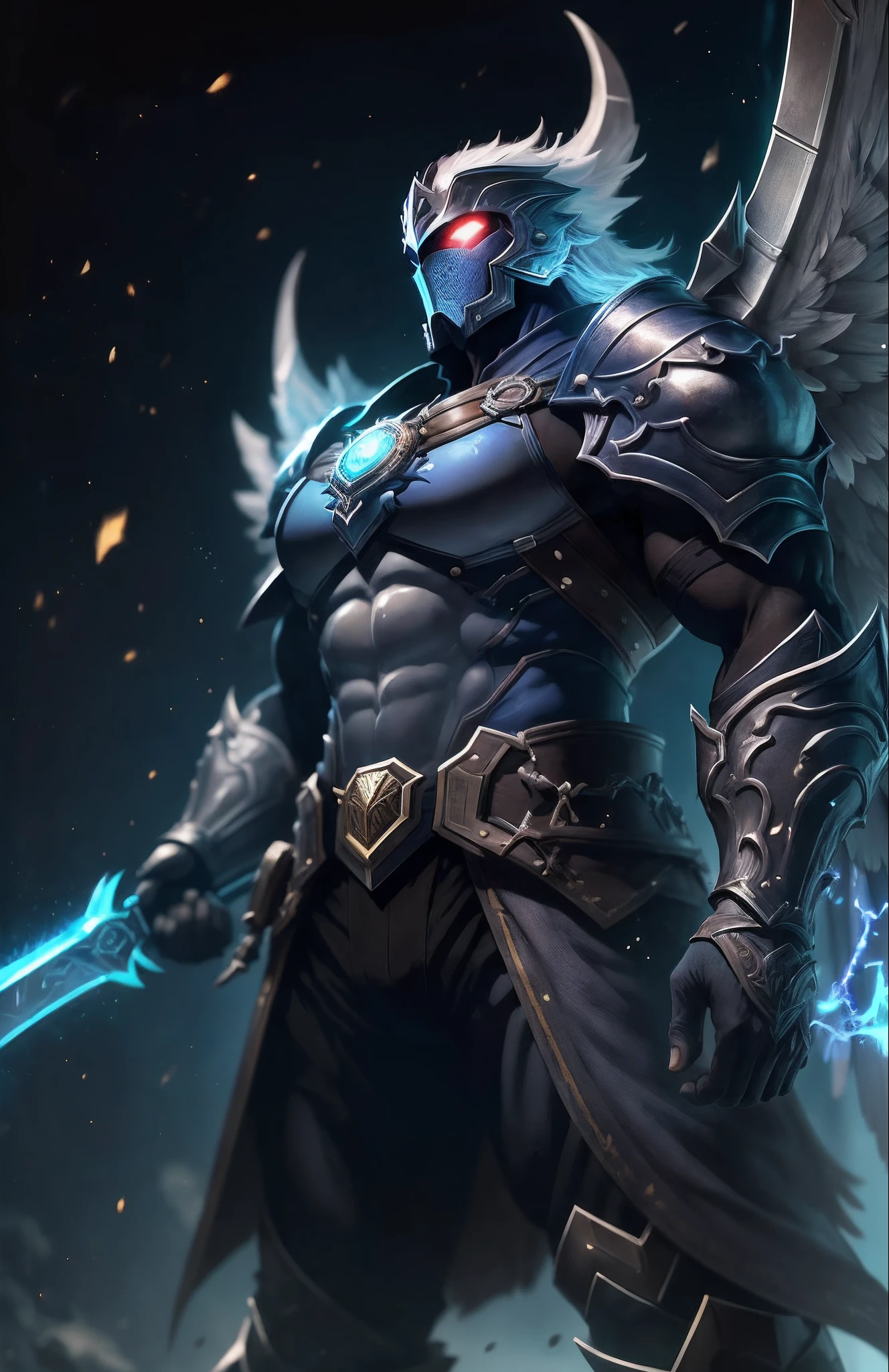 Corpo inteiro Bonito e lindo final fantasy estilo coelhinho corredor com pele, macho, clean and very detailed faces and hands, roupas intrincadas, analogous colors, sombras brilhantes, beautiful gradient, profundidade de campo, imagem limpa, alta qualidade, High detail, High definition, Luminous Studio graphics engine. .....King Blade is a muscular and imposing figure, standing at 7 feet and weighing over 300 pounds of pure muscle. He has piercing blue eyes that glow with confidence and a robust, square jawline. Your skin is a deep shade of navy blue, que complementa sua armadura e capa preta e prateada. Ele tem garras e dentes afiados, which he uses as weapons when necessary. The wings of the King Blade are made of metal, que ele pode usar para voar e se defender de ataques. --auto --s2